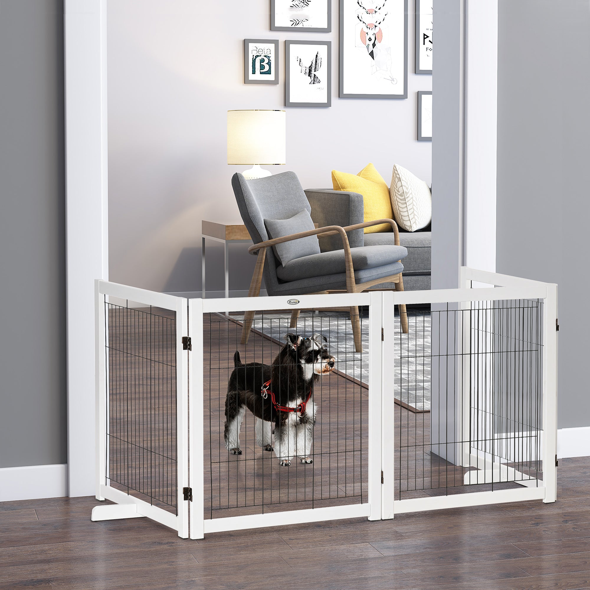 Freestanding Pet Gate Dog Safety Gate with Feet 305 x 82 cm Wood Dog Gate Foldable Stair Gate Dog Barrier for Stairs, Doors, Hallway, 4 Panels, White