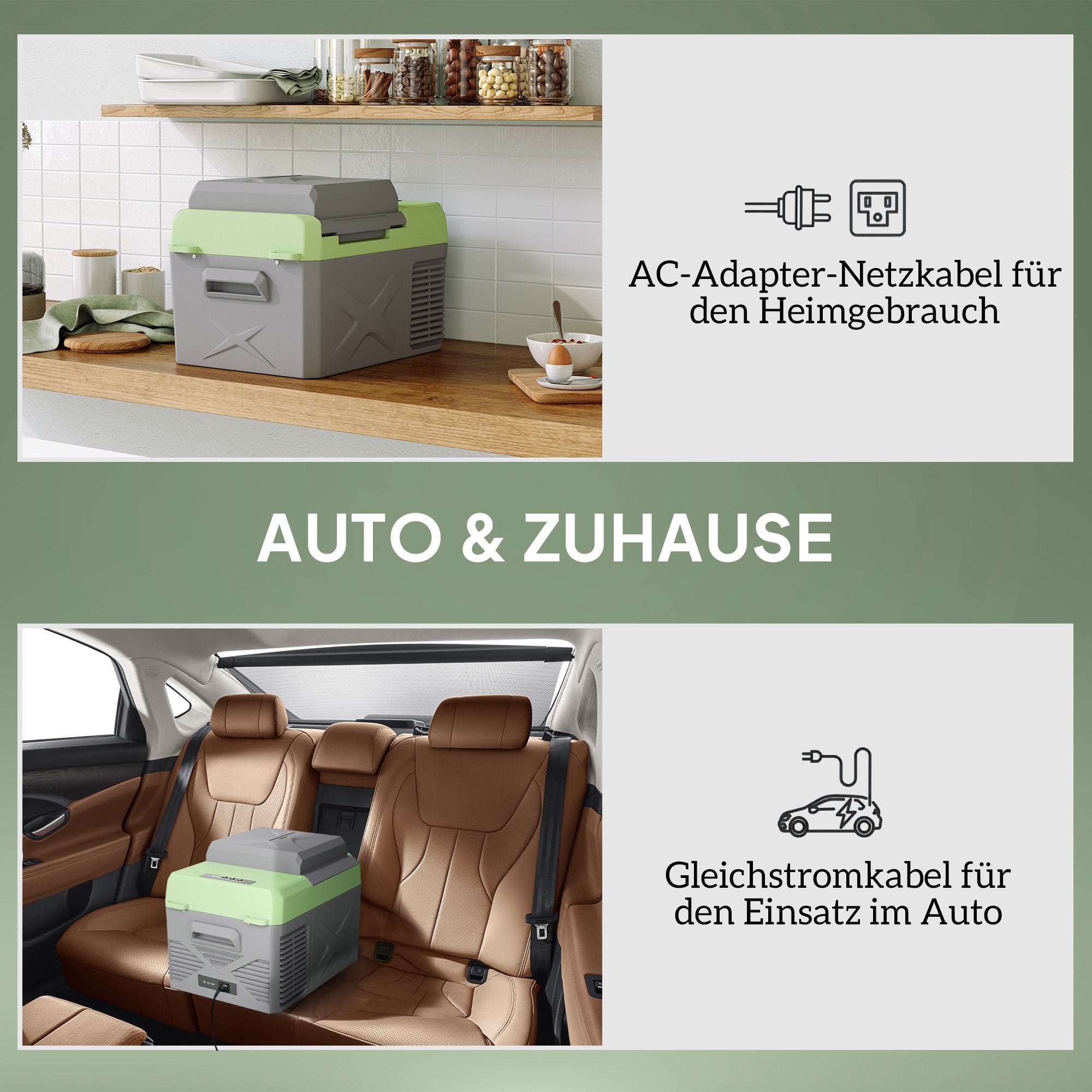 12 Liter Compressor Cooler Box Electric Cooler Box with Connection Cooling Function Freezer Box Thermal Box Mini Refrigerator 12/220 Volt for Car Socket Truck Camping Boat Gray+Green