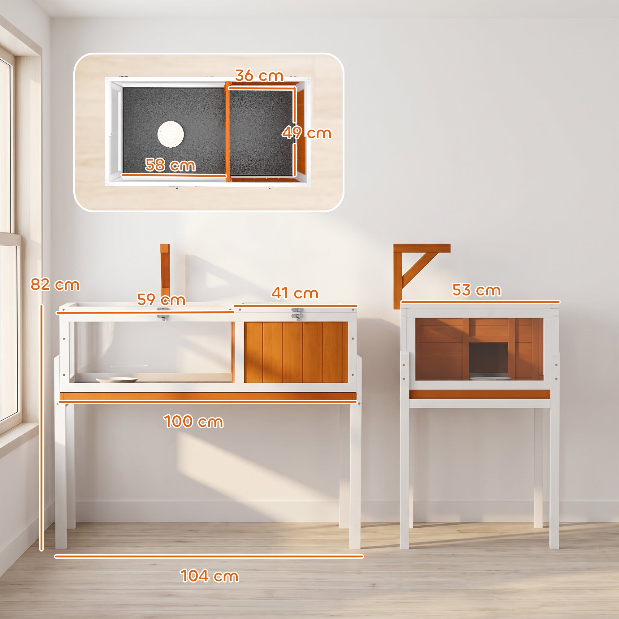 Raised Wooden Turtle Hutch with Viewing Window, Flip-Top Lid, Lamp Holder & Food Bowl – Indoor/Outdoor Enclosure, White & Orange, 104 x 53 x 82 cm (40.9 x 20.9 x 32.3 in)