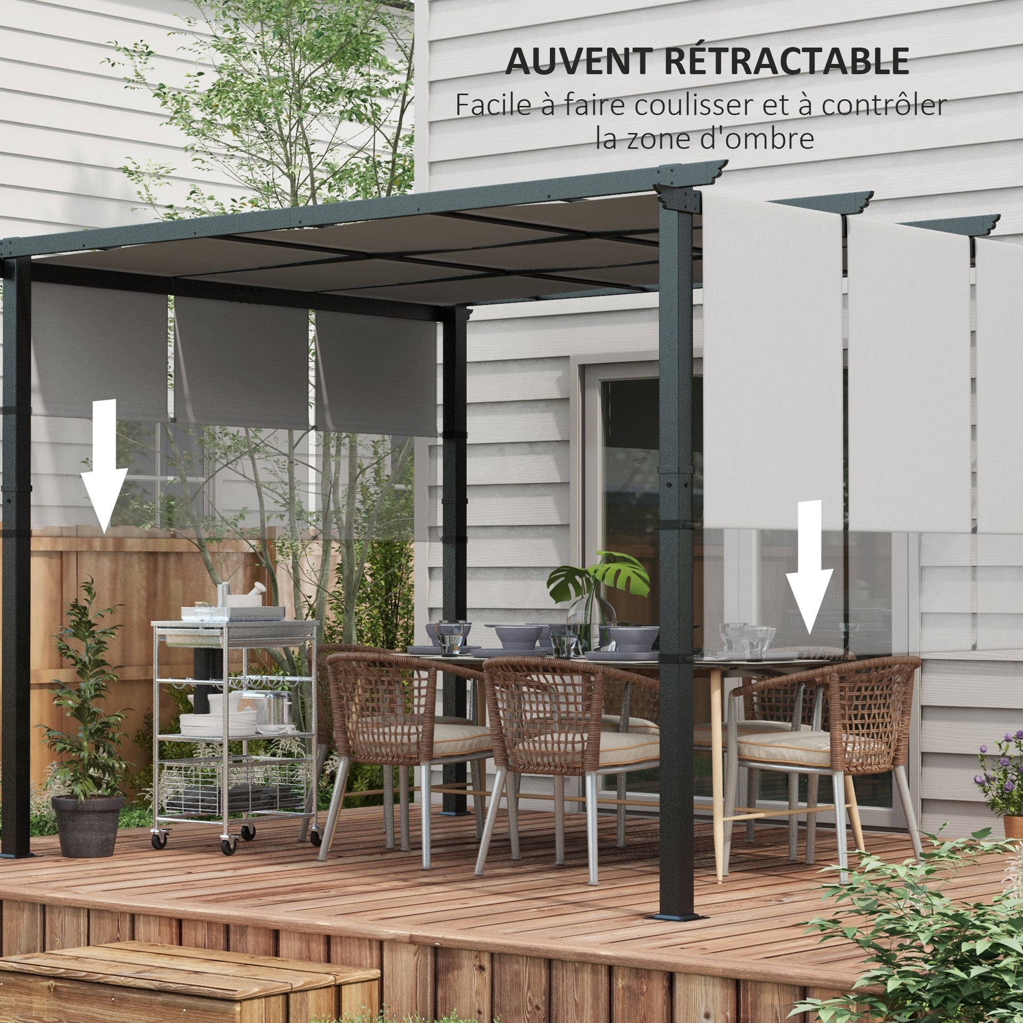 Pergola with 3 Sliding Canopies 3.5 x 3 x 2.35 m Black Steel Frame Light Gray High Density Polyester Canopy