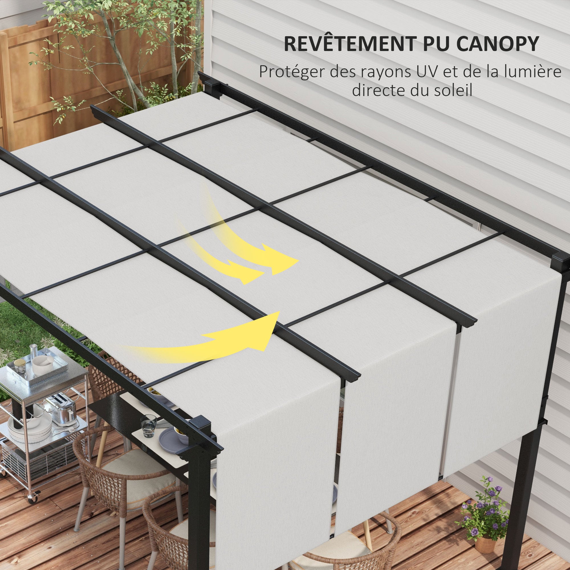 Pergola with 3 Sliding Canopies 3.5 x 3 x 2.35 m Black Steel Frame Light Gray High Density Polyester Canopy