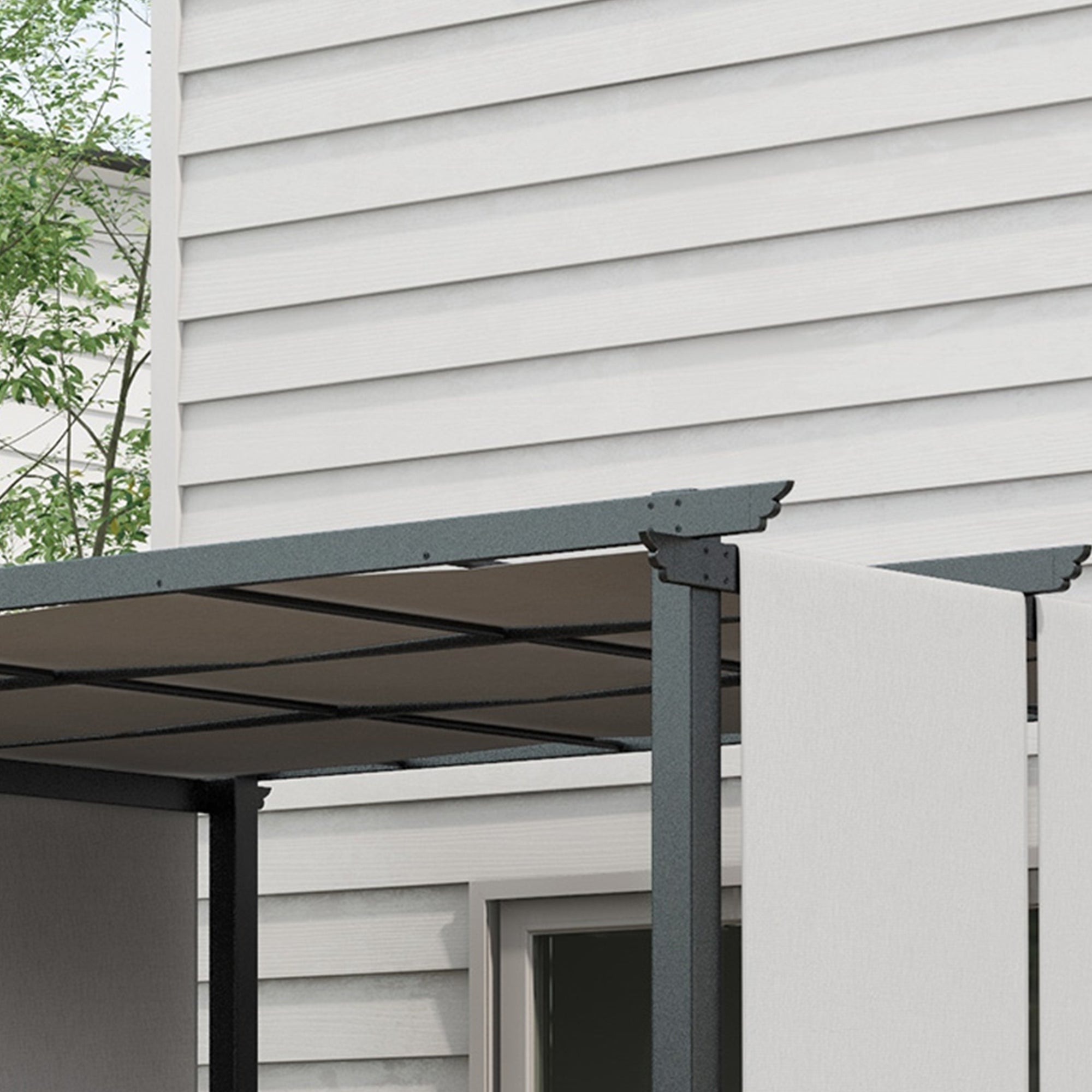 Pergola with 3 Sliding Canopies 3.5 x 3 x 2.35 m Black Steel Frame Light Gray High Density Polyester Canopy