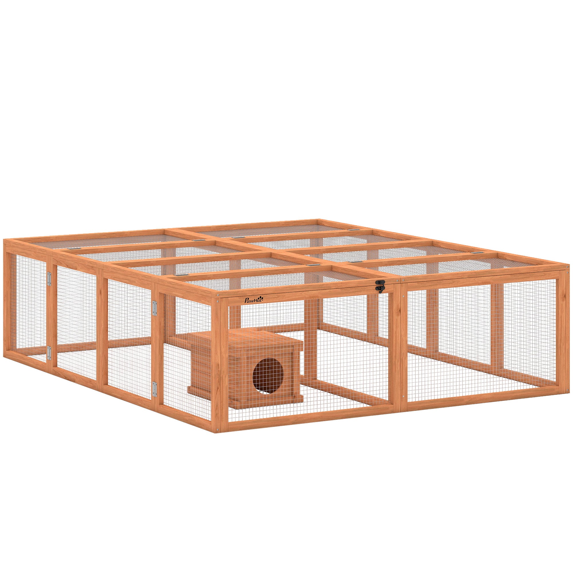 Wooden Rabbit Hutch & Run with Shelter, 71 x 59 x 19 in, 2 Doors — Orange