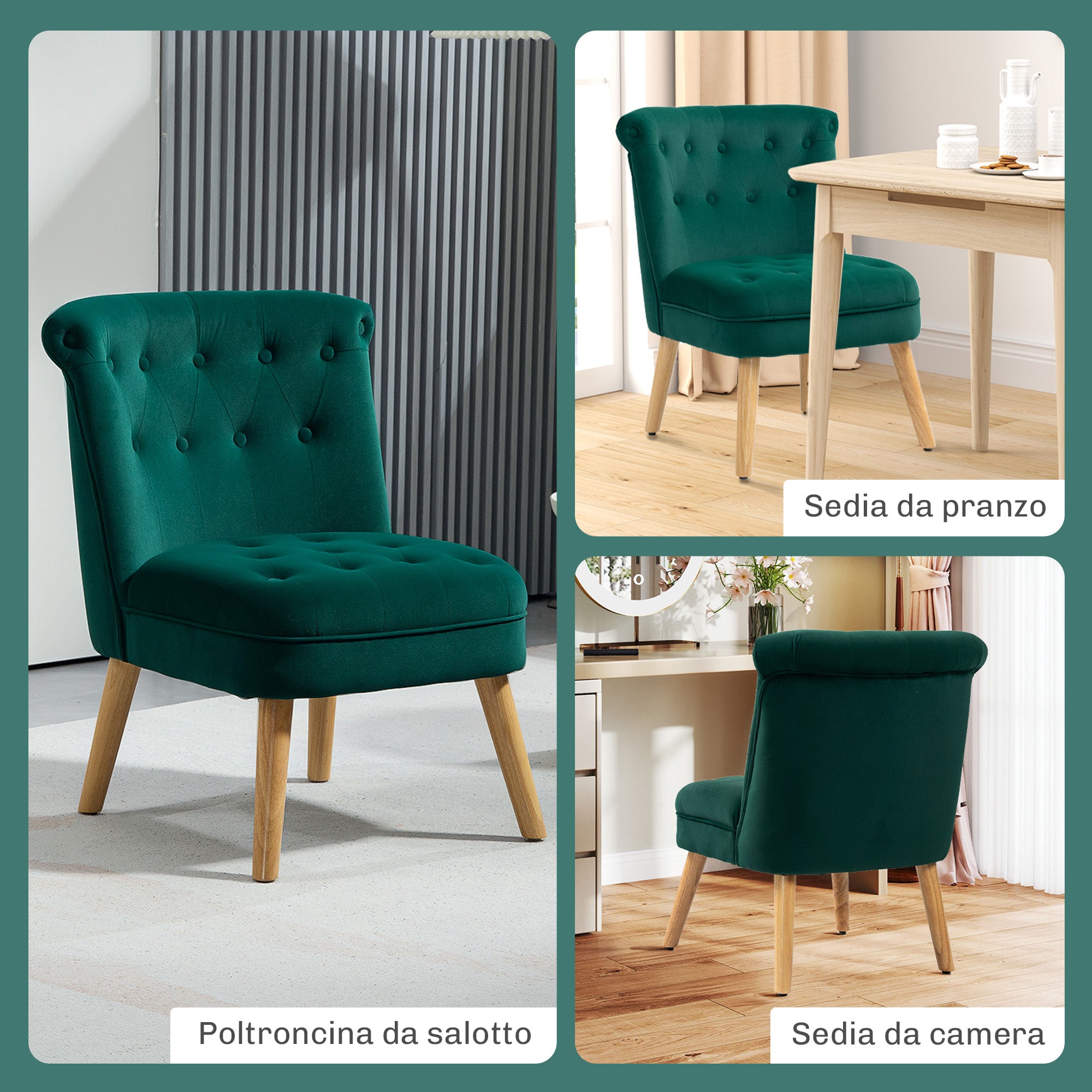 Living Room and Dining Room Armchair with Upholstered Seat, Bedroom Armchair with Wooden Legs and Velvet Effect Fabric, 60x66x79 cm, Green