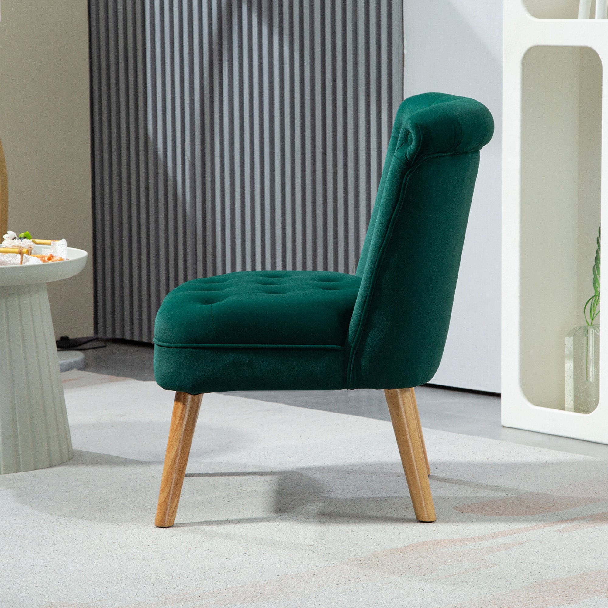 Living Room and Dining Room Armchair with Upholstered Seat, Bedroom Armchair with Wooden Legs and Velvet Effect Fabric, 60x66x79 cm, Green