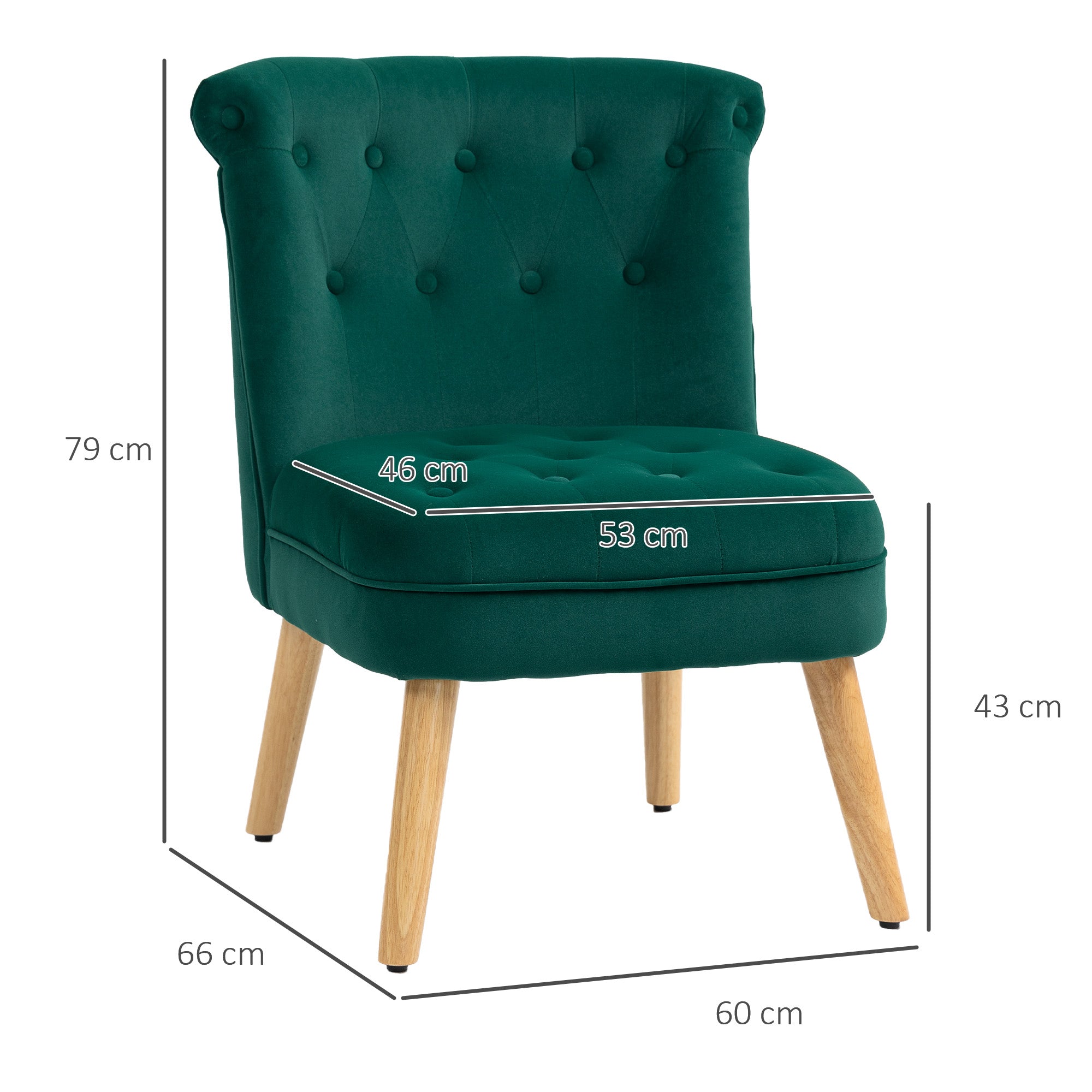 Living Room and Dining Room Armchair with Upholstered Seat, Bedroom Armchair with Wooden Legs and Velvet Effect Fabric, 60x66x79 cm, Green