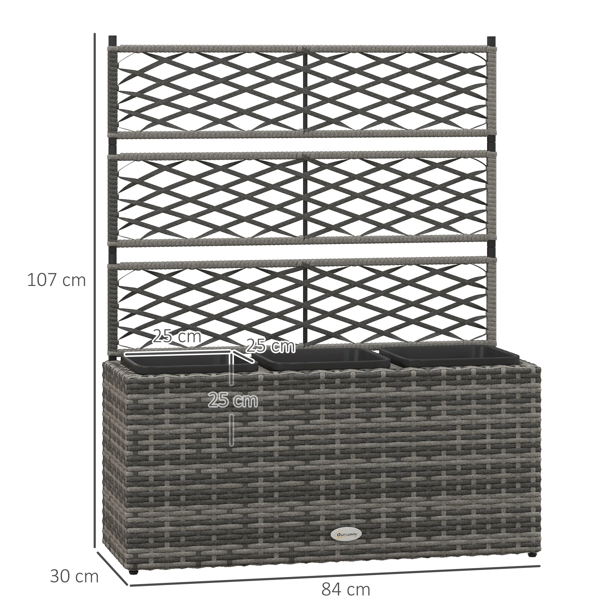 Planter with Trellis for Climbing Plants, Raised Flower Bed with 3 Internal Pots, Steel and PE Rattan Structure, 84x30x107cm, Gray