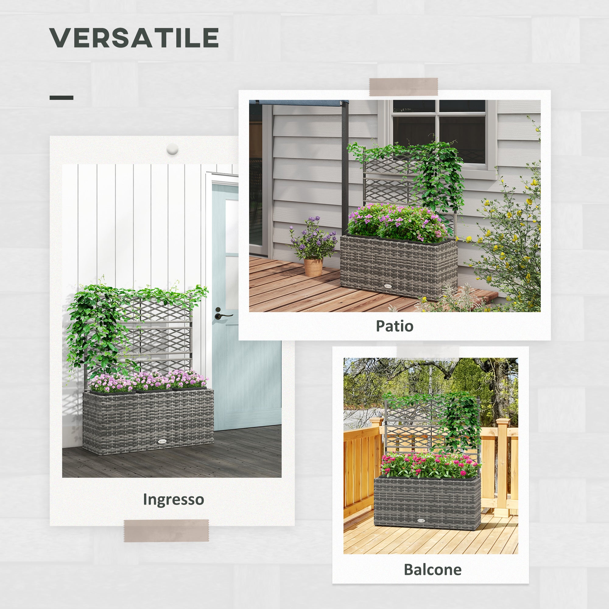 Planter with Trellis for Climbing Plants, Raised Flower Bed with 3 Internal Pots, Steel and PE Rattan Structure, 84x30x107cm, Gray
