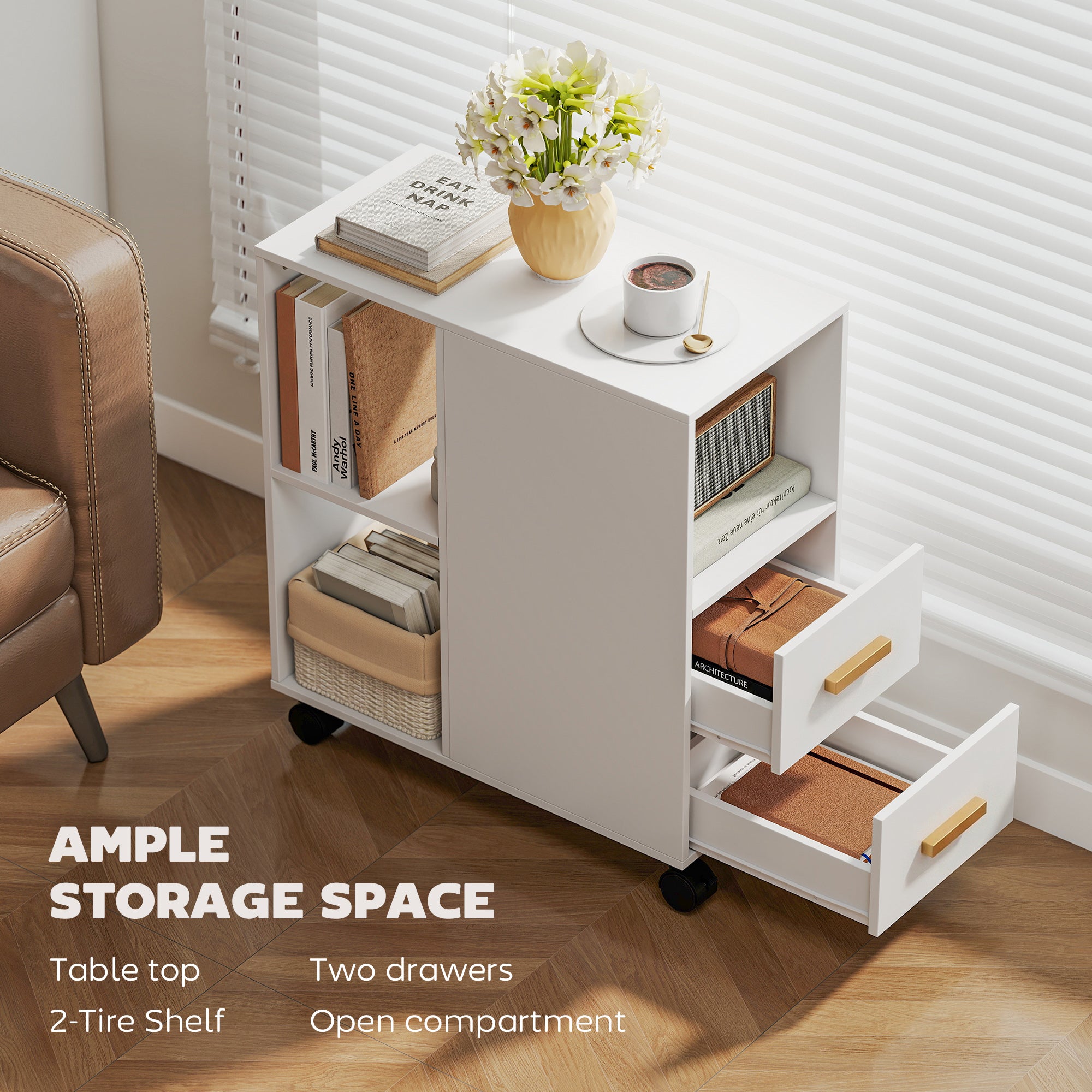 Mobile Printer Stand with Adjustable Shelf, Wheels & Desk Organizer — Printer Cart for Office, Fax, Scanner | White (23.6 x 11.8 x 25.6 in)