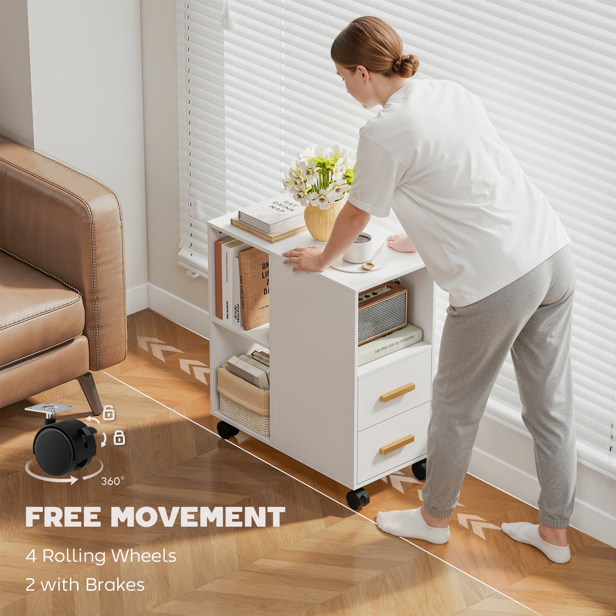 Mobile Printer Stand with Adjustable Shelf, Wheels & Desk Organizer — Printer Cart for Office, Fax, Scanner | White (23.6 x 11.8 x 25.6 in)