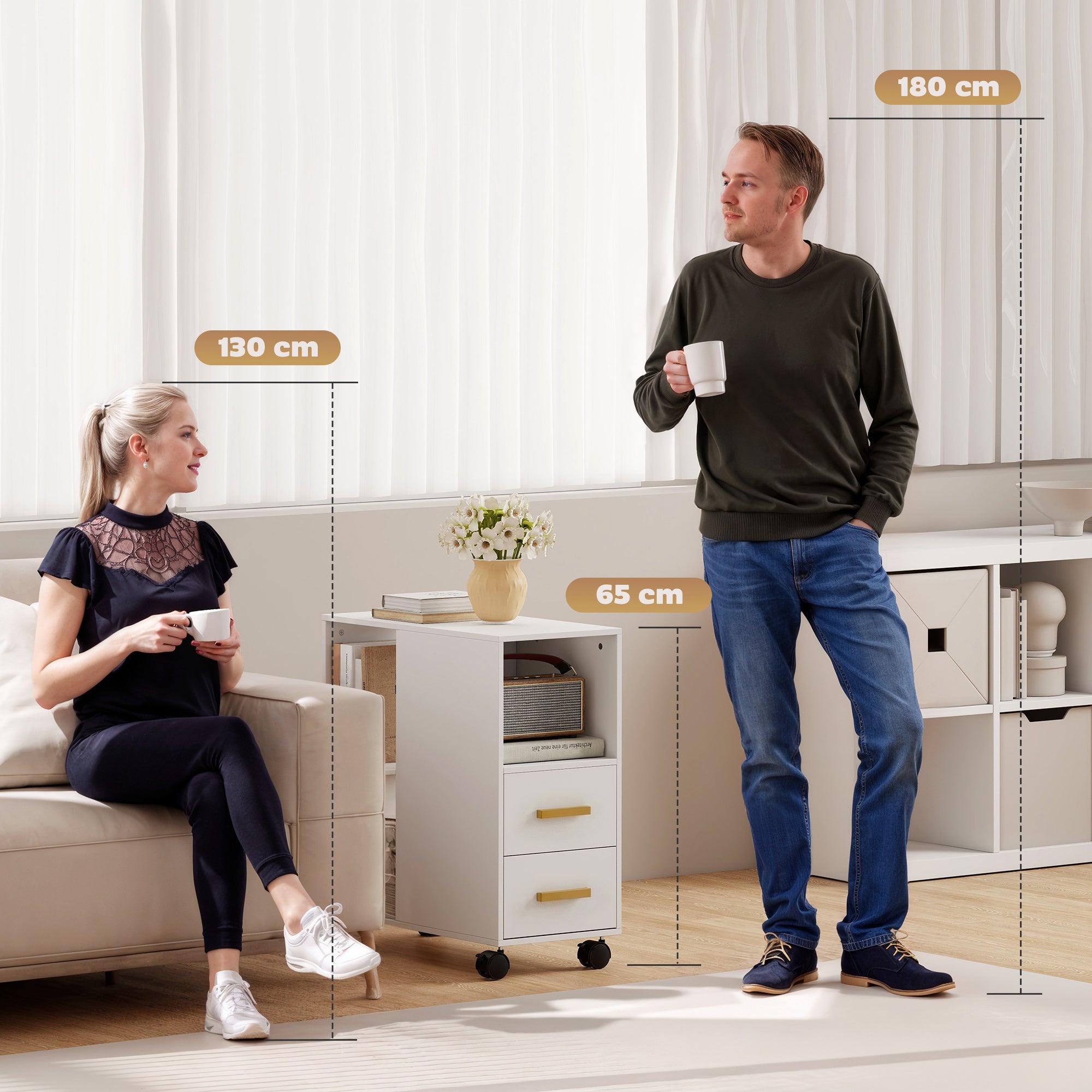 Mobile Printer Stand with Adjustable Shelf, Wheels & Desk Organizer — Printer Cart for Office, Fax, Scanner | White (23.6 x 11.8 x 25.6 in)