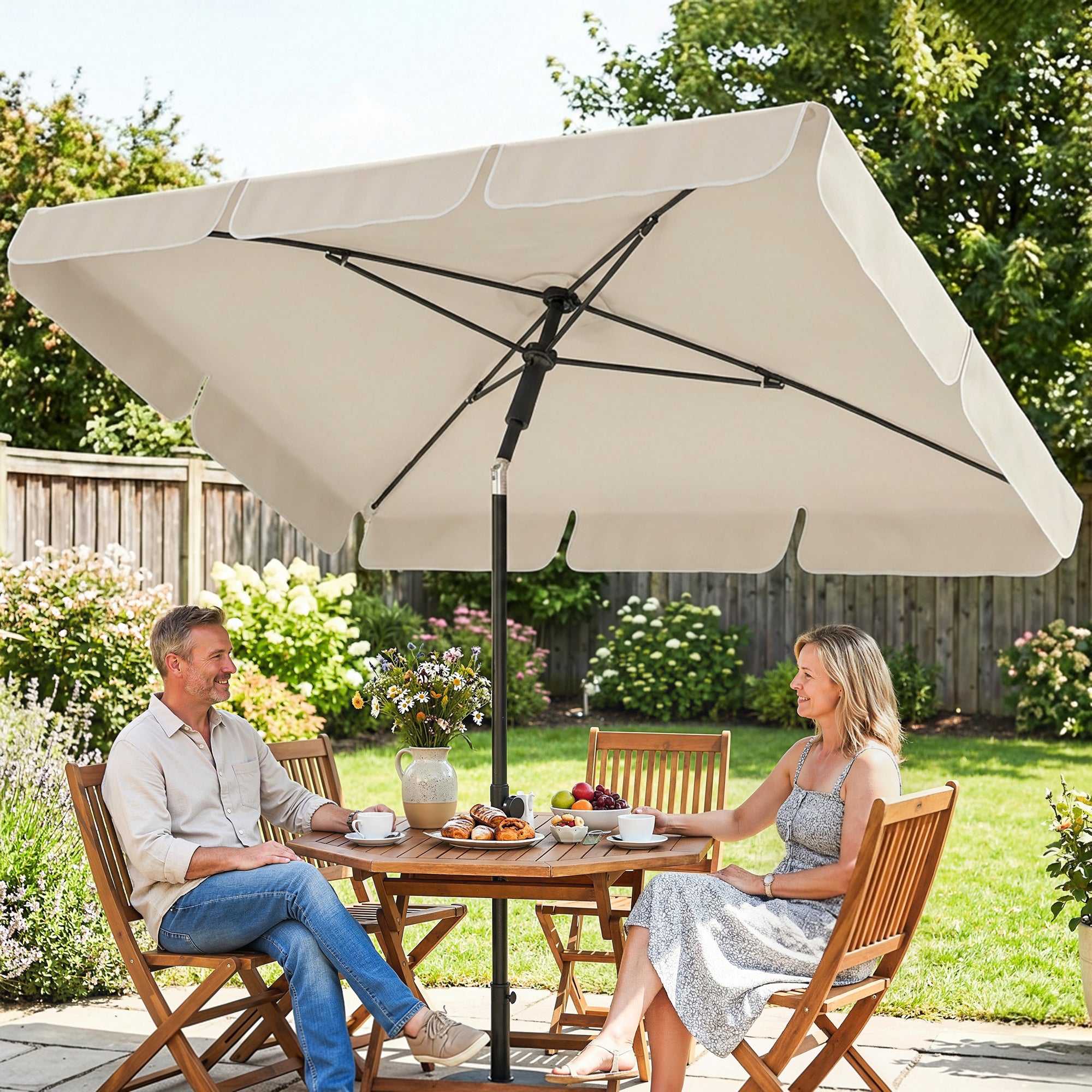 Rectangular Balcony Parasol 183 x 122 cm (72 x 48 in) – Water‑Repellent, 3‑Position Tilt, Crank, 8 Ribs, Beige