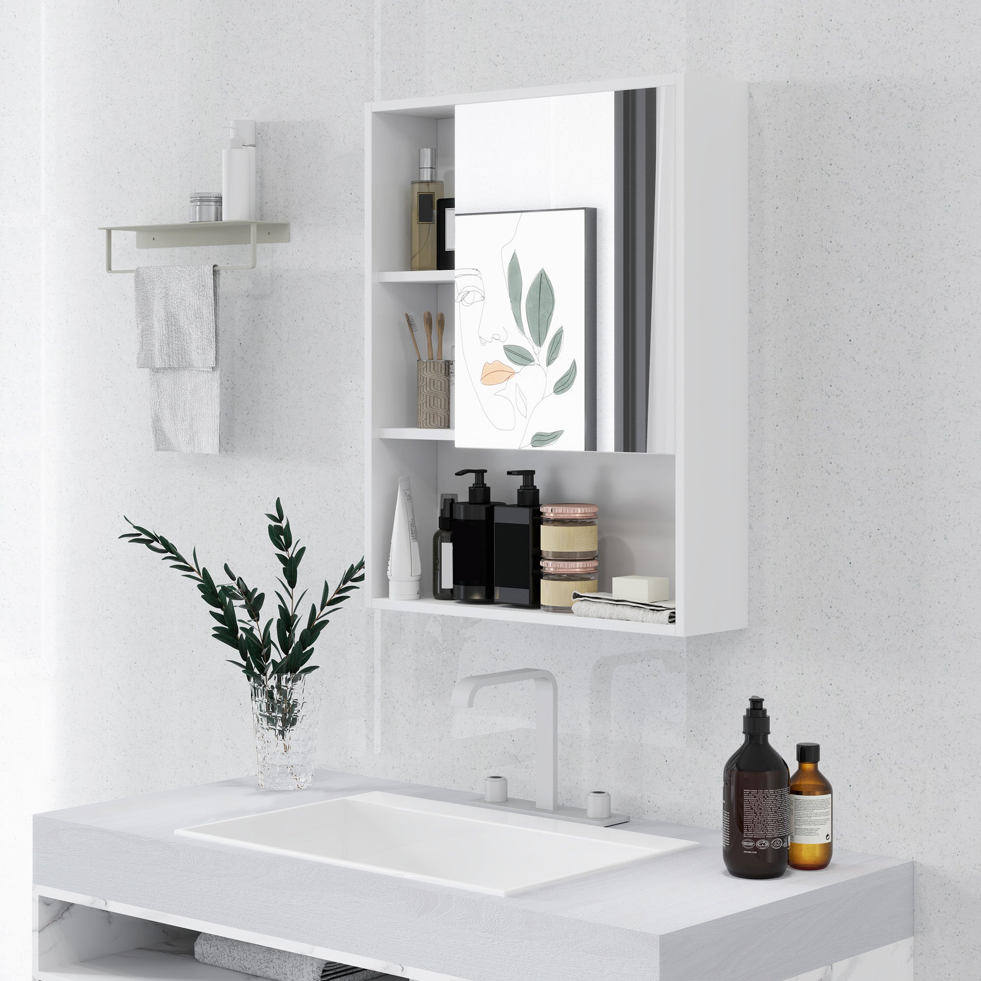 Bathroom Mirror Cabinet with Adjustable Shelves, Wall Mounted Bathroom Cabinet with Space-saving Door, 60x15x76 cm, White