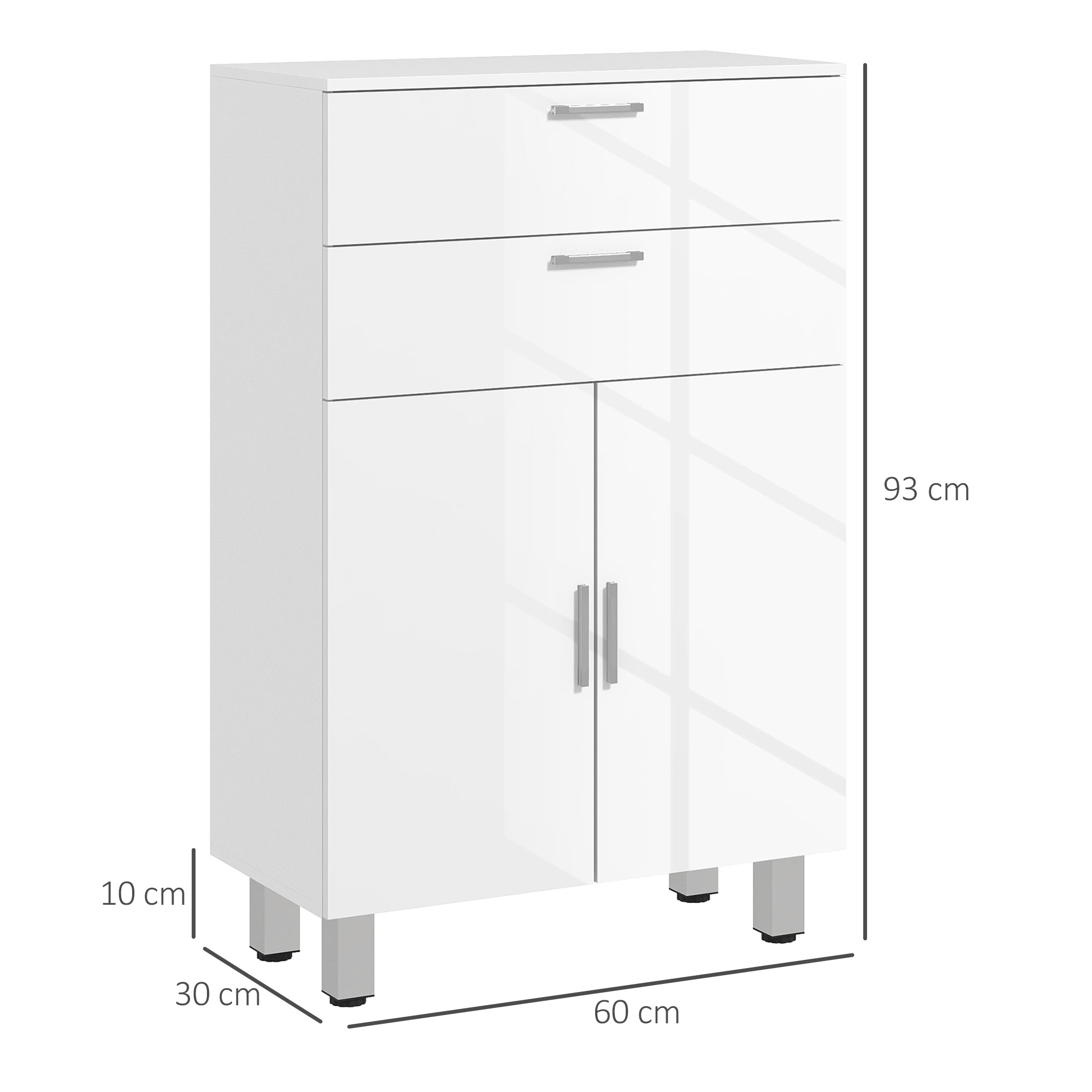 Modern Bathroom Auxiliary Cabinet with 2 Drawers, Shelves Adjustable Bathroom Cabinet Storage Unit for Living Room Bedroom Anti-topple 35 kg 60x30x93 cm High Gloss White