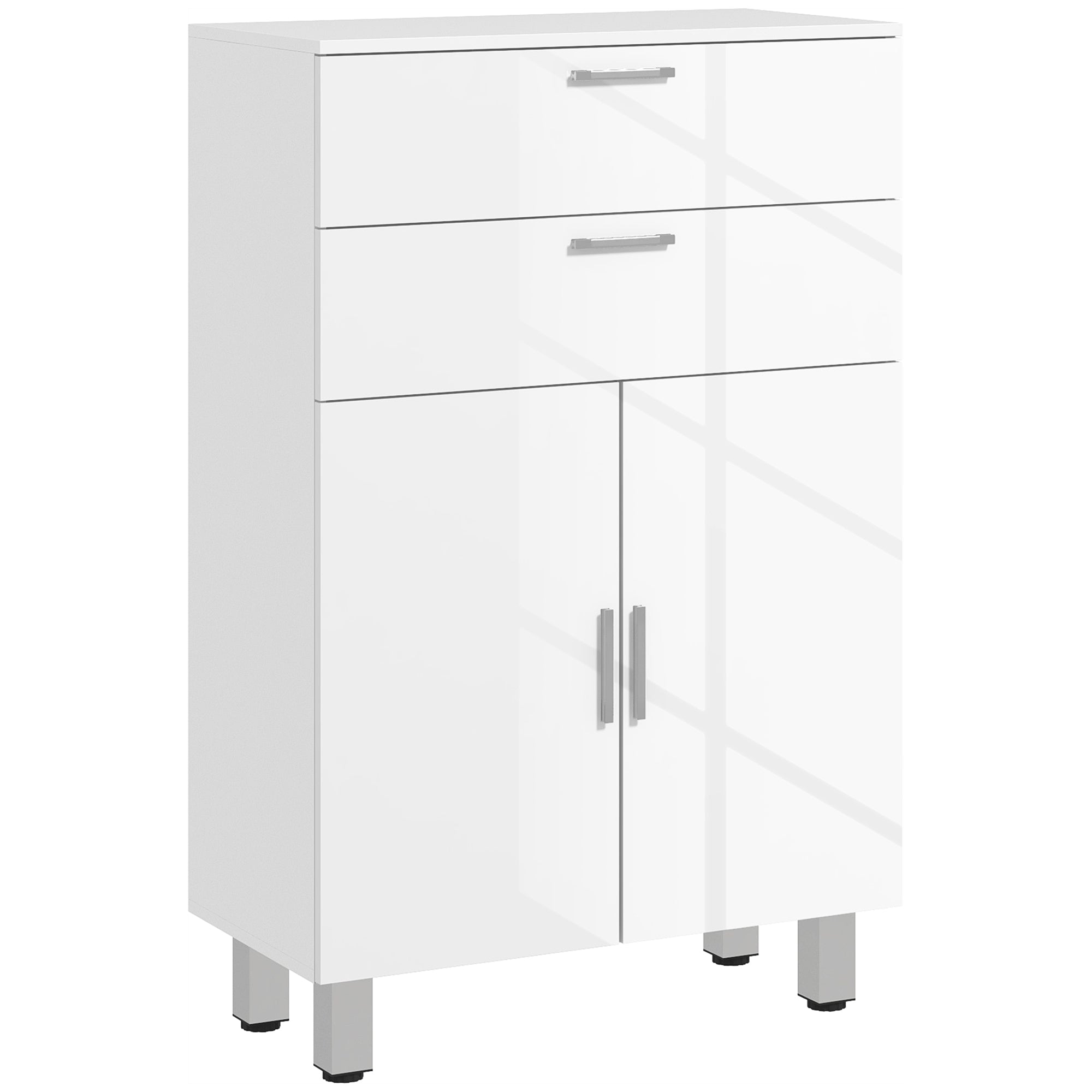 Modern Bathroom Auxiliary Cabinet with 2 Drawers, Shelves Adjustable Bathroom Cabinet Storage Unit for Living Room Bedroom Anti-topple 35 kg 60x30x93 cm High Gloss White