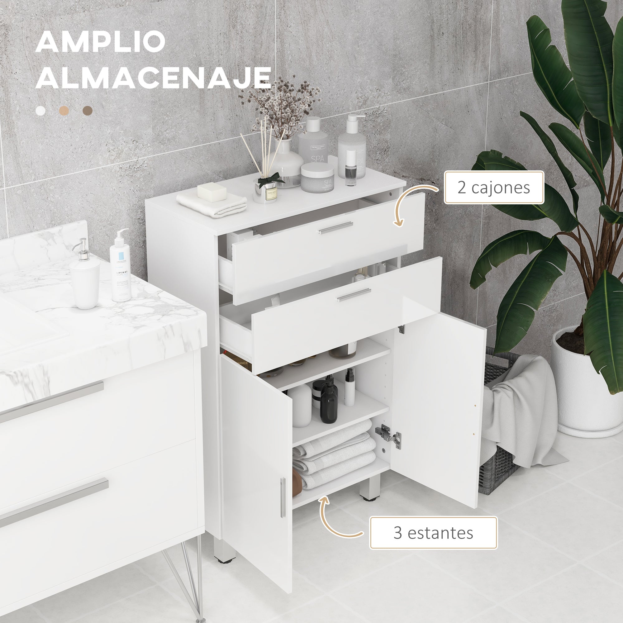 Modern Bathroom Auxiliary Cabinet with 2 Drawers, Shelves Adjustable Bathroom Cabinet Storage Unit for Living Room Bedroom Anti-topple 35 kg 60x30x93 cm High Gloss White