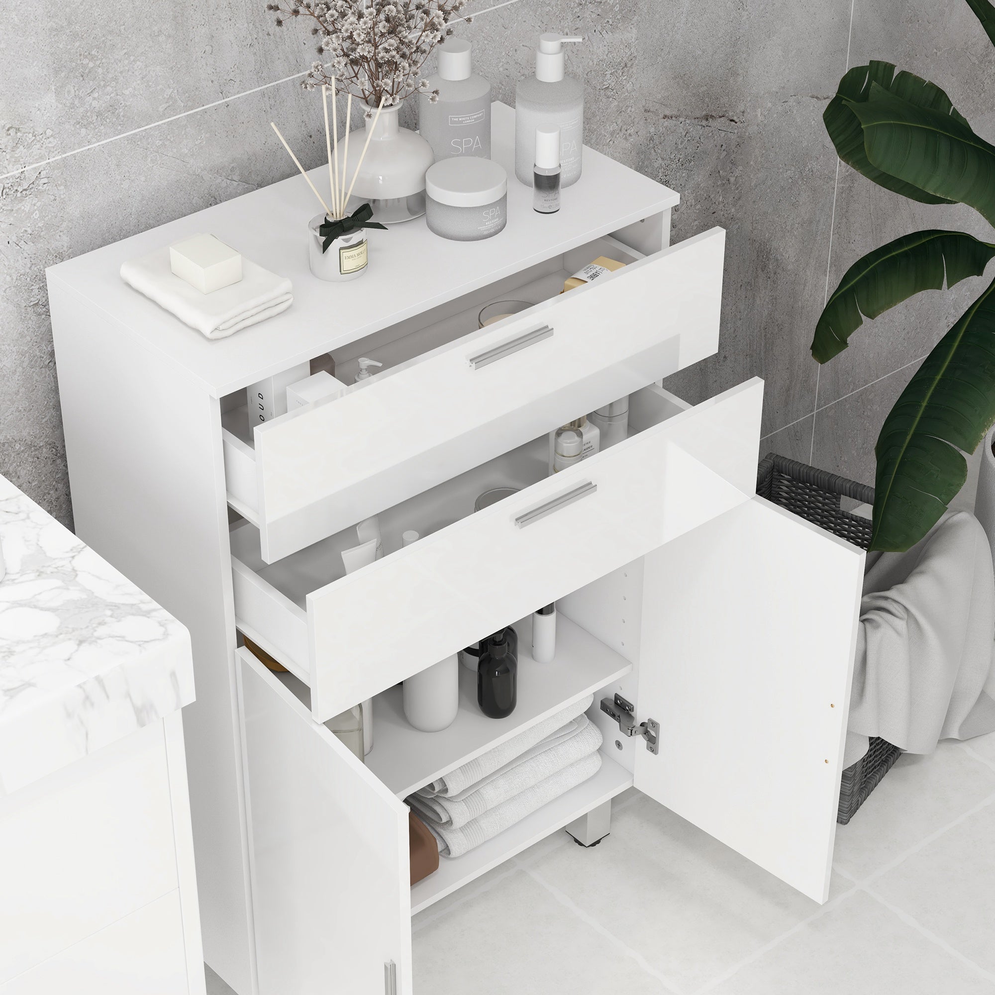 Modern Bathroom Auxiliary Cabinet with 2 Drawers, Shelves Adjustable Bathroom Cabinet Storage Unit for Living Room Bedroom Anti-topple 35 kg 60x30x93 cm High Gloss White