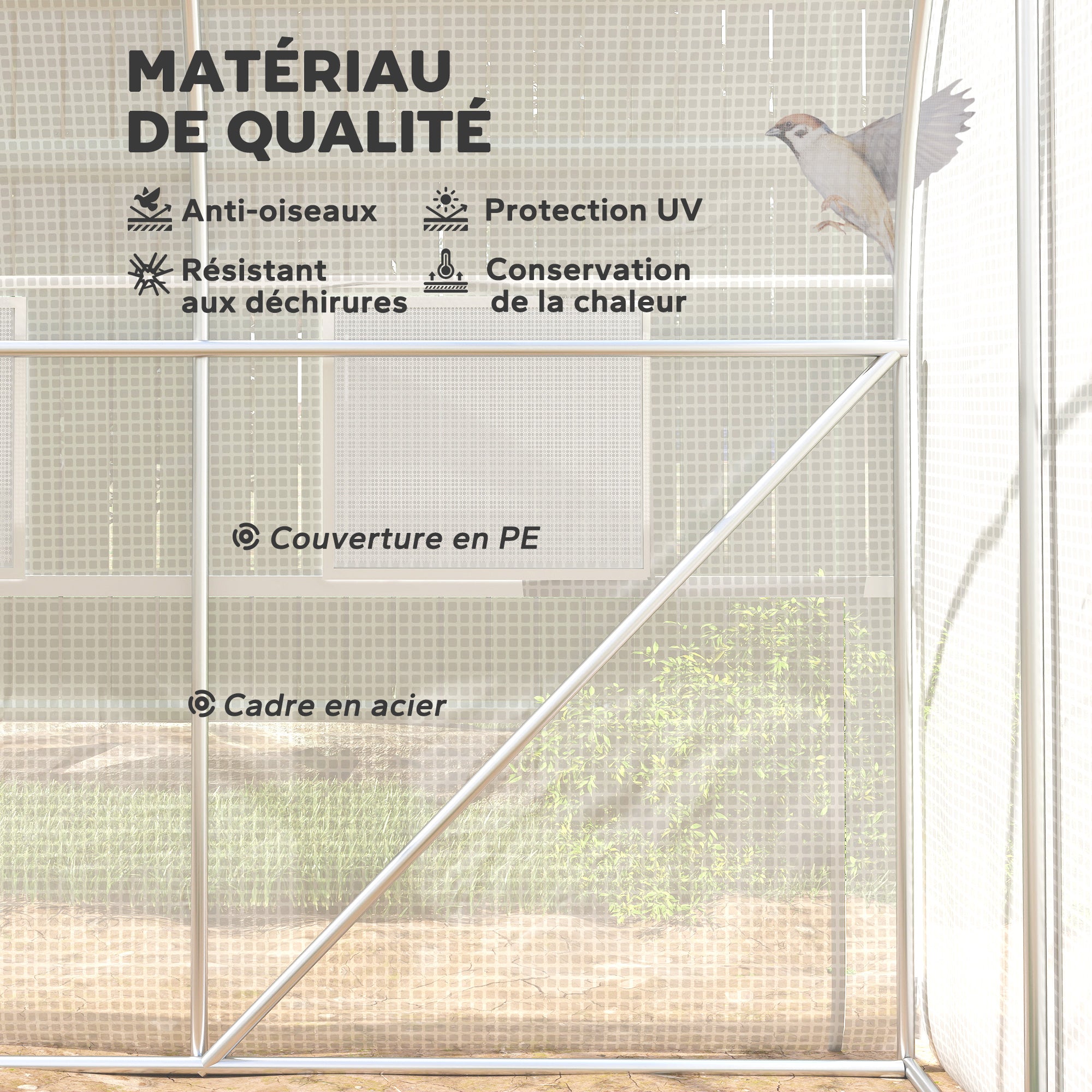 Garden Tunnel Greenhouse, 6m² tunnel greenhouse with 6 roll-up windows and 1 door, PE cover galvanized steel structure, white