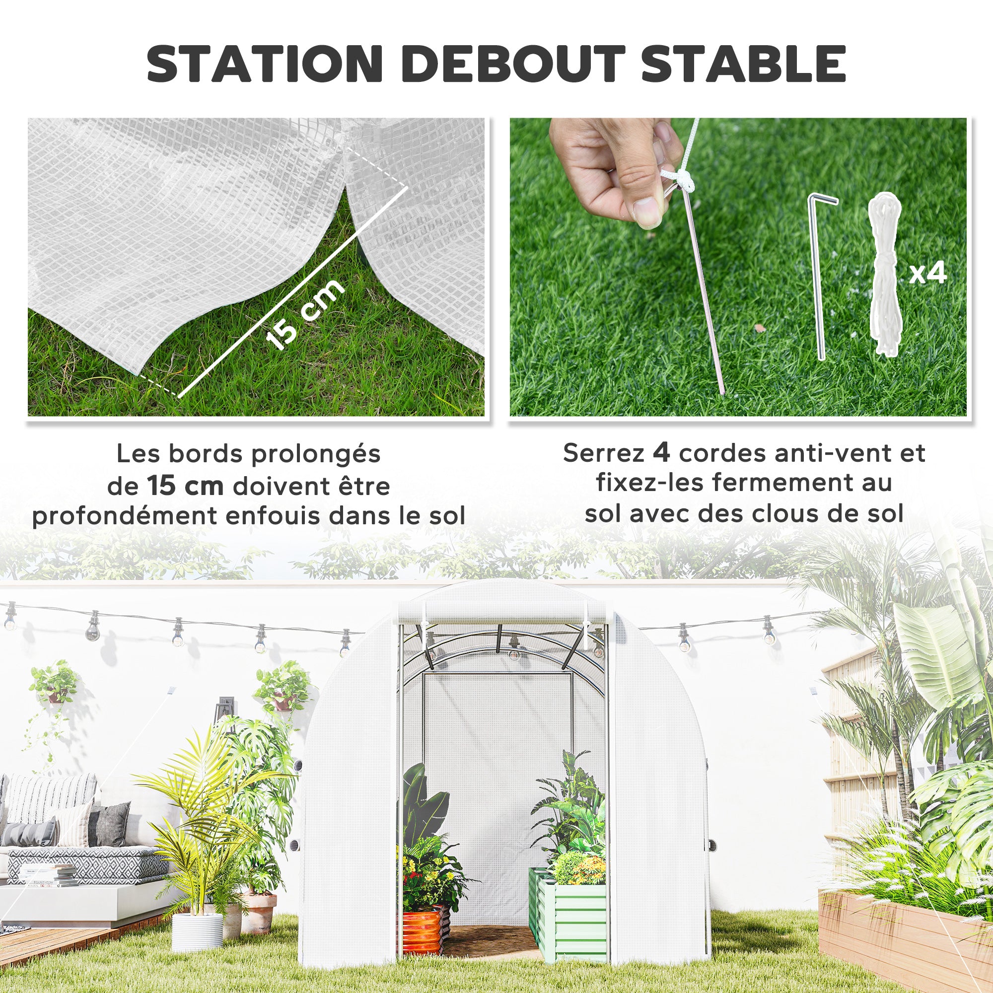 Garden Tunnel Greenhouse, 6m² tunnel greenhouse with 6 roll-up windows and 1 door, PE cover galvanized steel structure, white