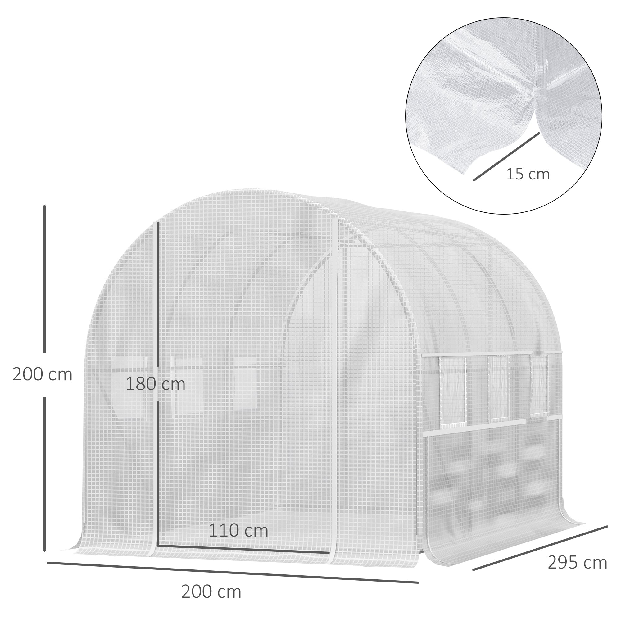 Garden Tunnel Greenhouse, 6m² tunnel greenhouse with 6 roll-up windows and 1 door, PE cover galvanized steel structure, white