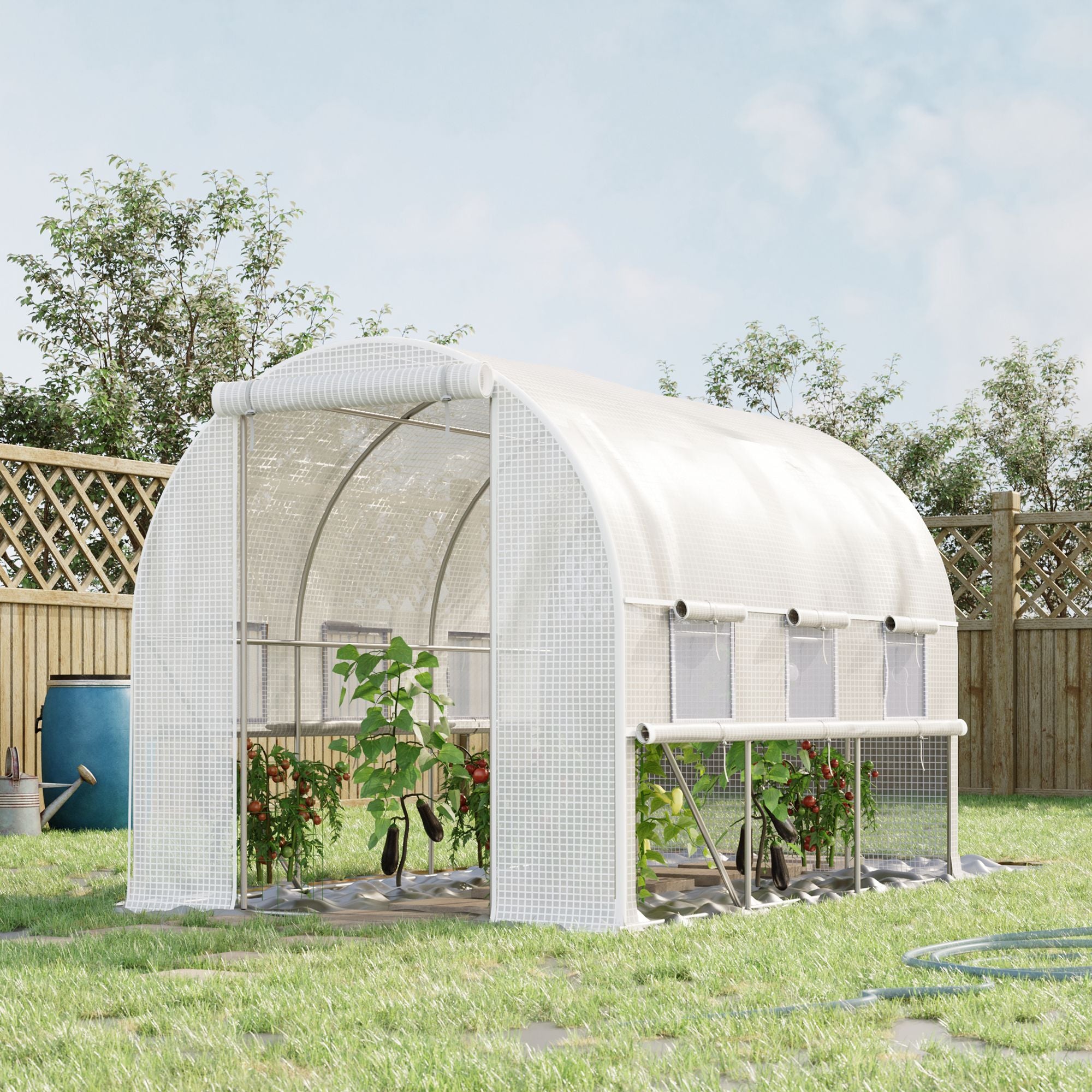 Garden Tunnel Greenhouse, 6m² tunnel greenhouse with 6 roll-up windows and 1 door, PE cover galvanized steel structure, white