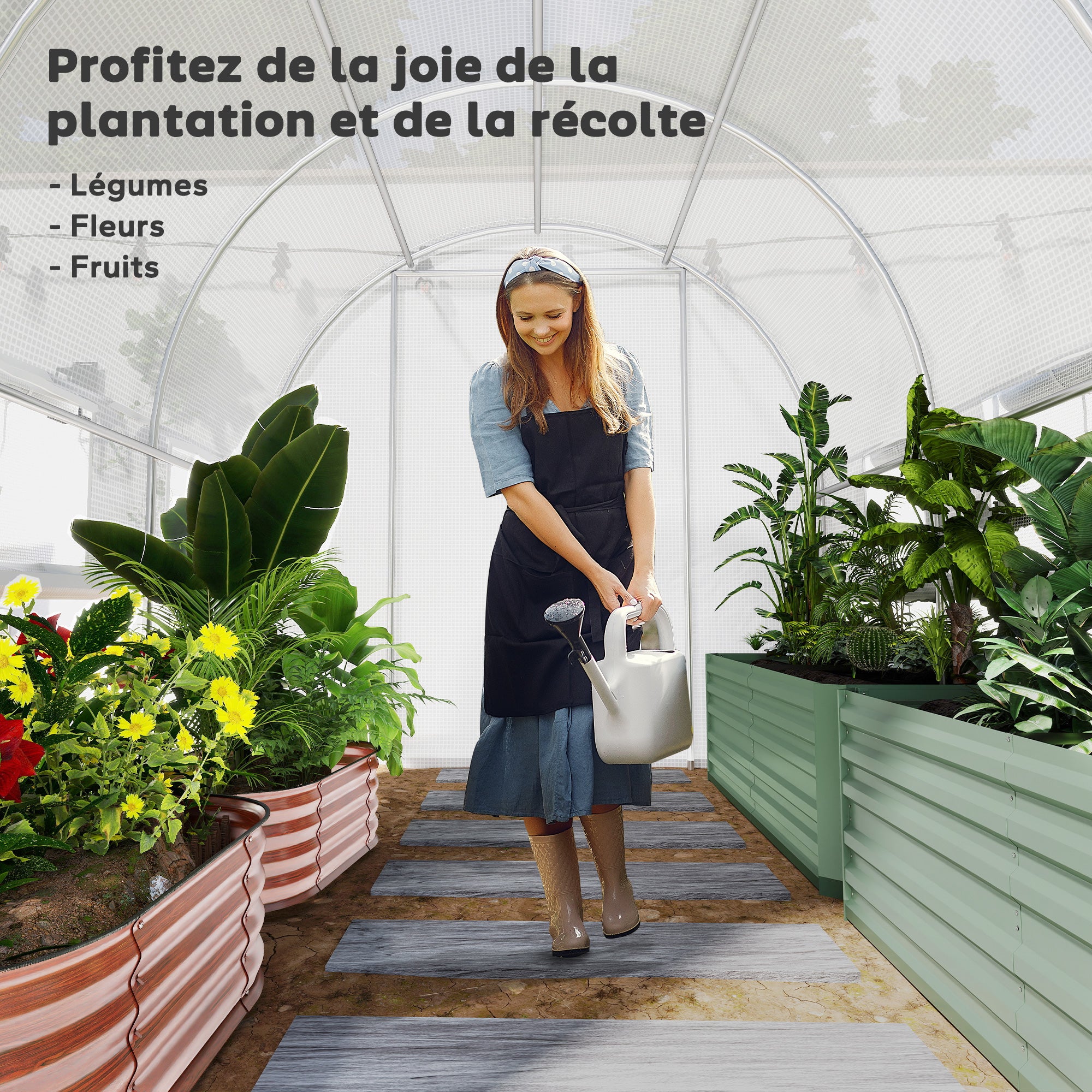 Garden Tunnel Greenhouse, 6m² tunnel greenhouse with 6 roll-up windows and 1 door, PE cover galvanized steel structure, white