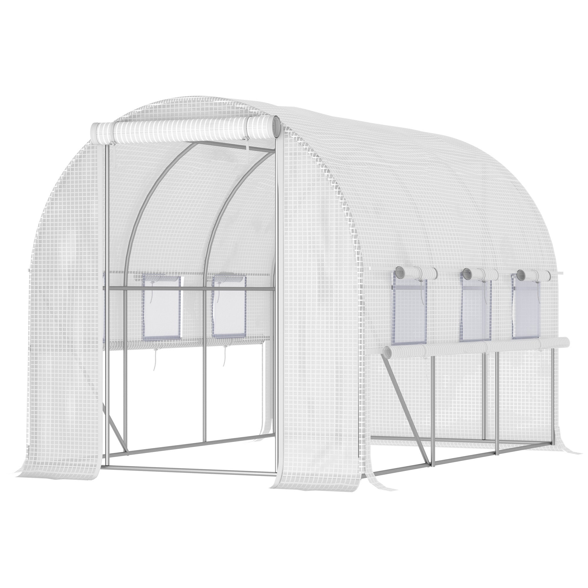 Garden Tunnel Greenhouse, 6m² tunnel greenhouse with 6 roll-up windows and 1 door, PE cover galvanized steel structure, white
