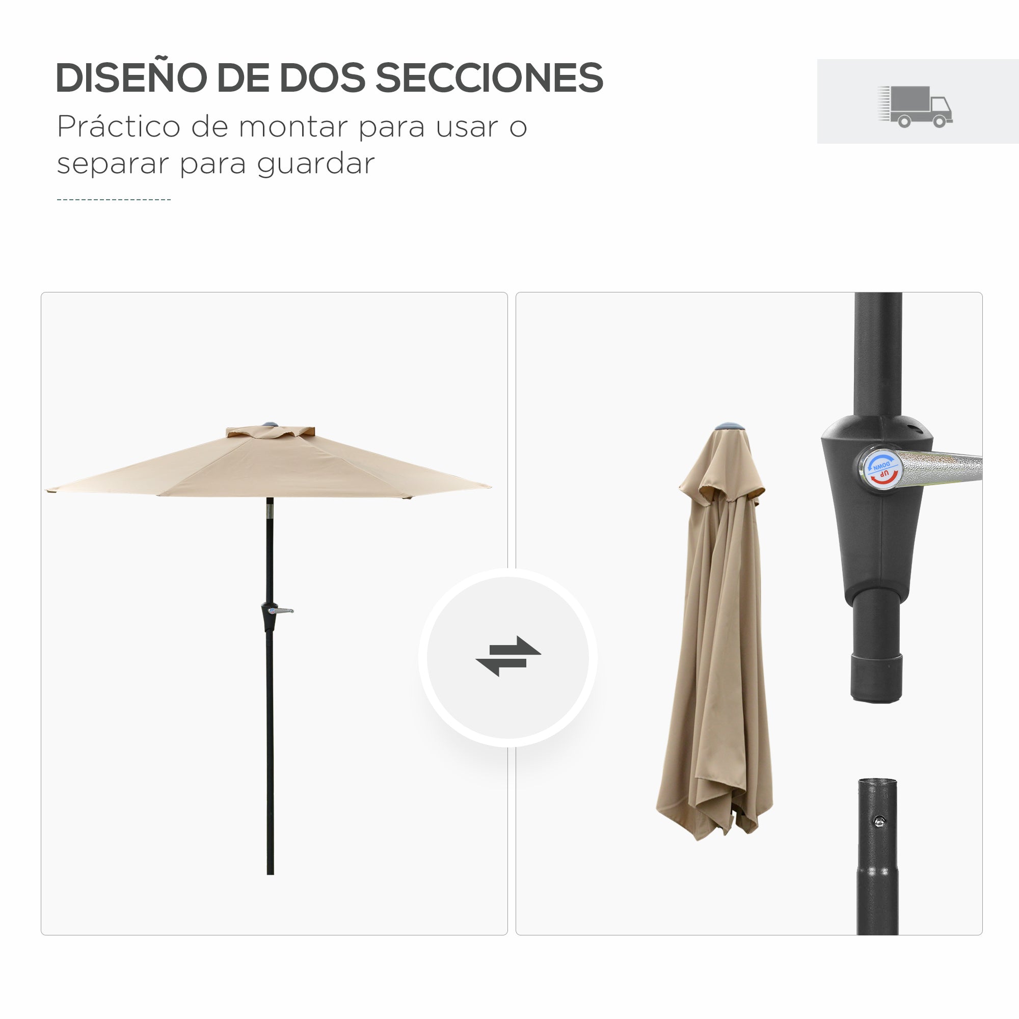 Patio Terrace Umbrella Ø230 cm Garden Umbrella with Adjustable Angle and Crank Waterproof Sunshade for Patio Terrace in Khaki