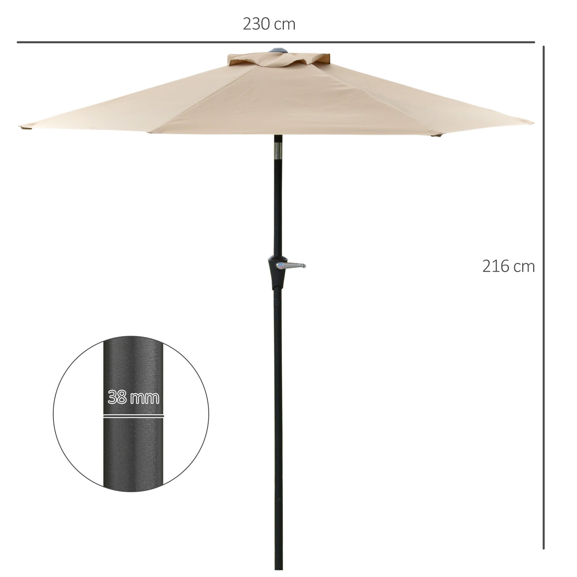 Patio Terrace Umbrella Ø230 cm Garden Umbrella with Adjustable Angle and Crank Waterproof Sunshade for Patio Terrace in Khaki