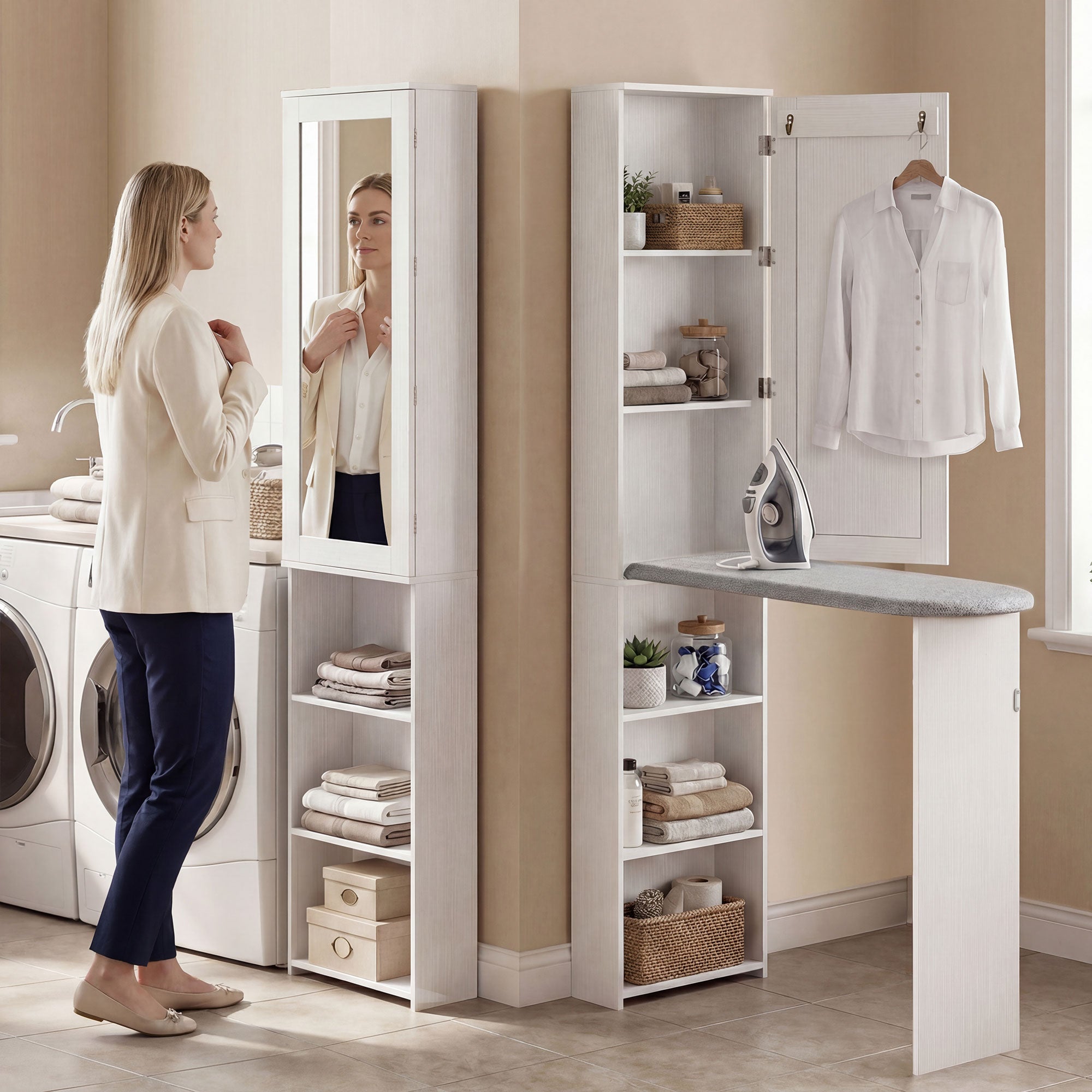 Foldable Ironing Board Cabinet with Door, Internal Shelves & Mirror — Space-Saving Ironing Station for Laundry Rooms or Small Spaces, 106 x 35 x 174 cm (41.7 x 13.8 x 68.5 in), White