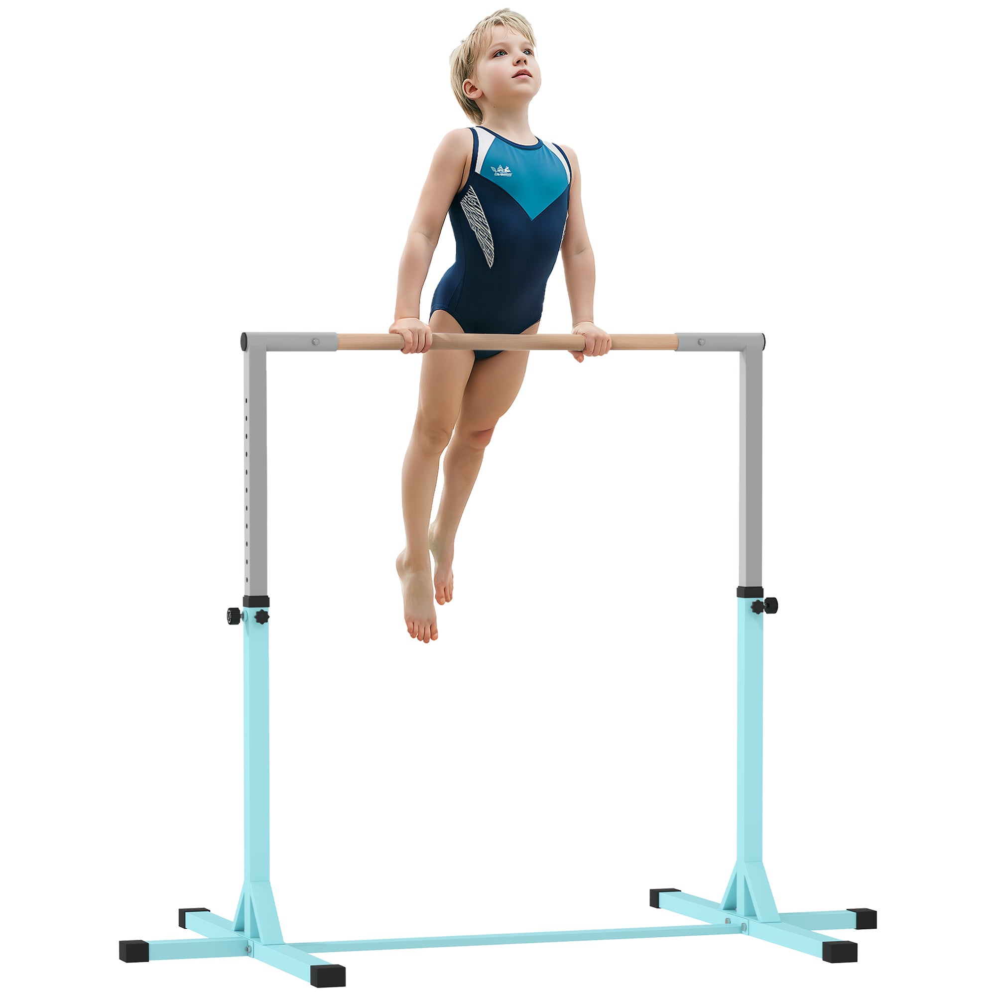 Adjustable Kids Gym Bar – 13 Heights (36–59 in), Beech Wood Bar & Steel Frame, Anti-Slip, Cyan
