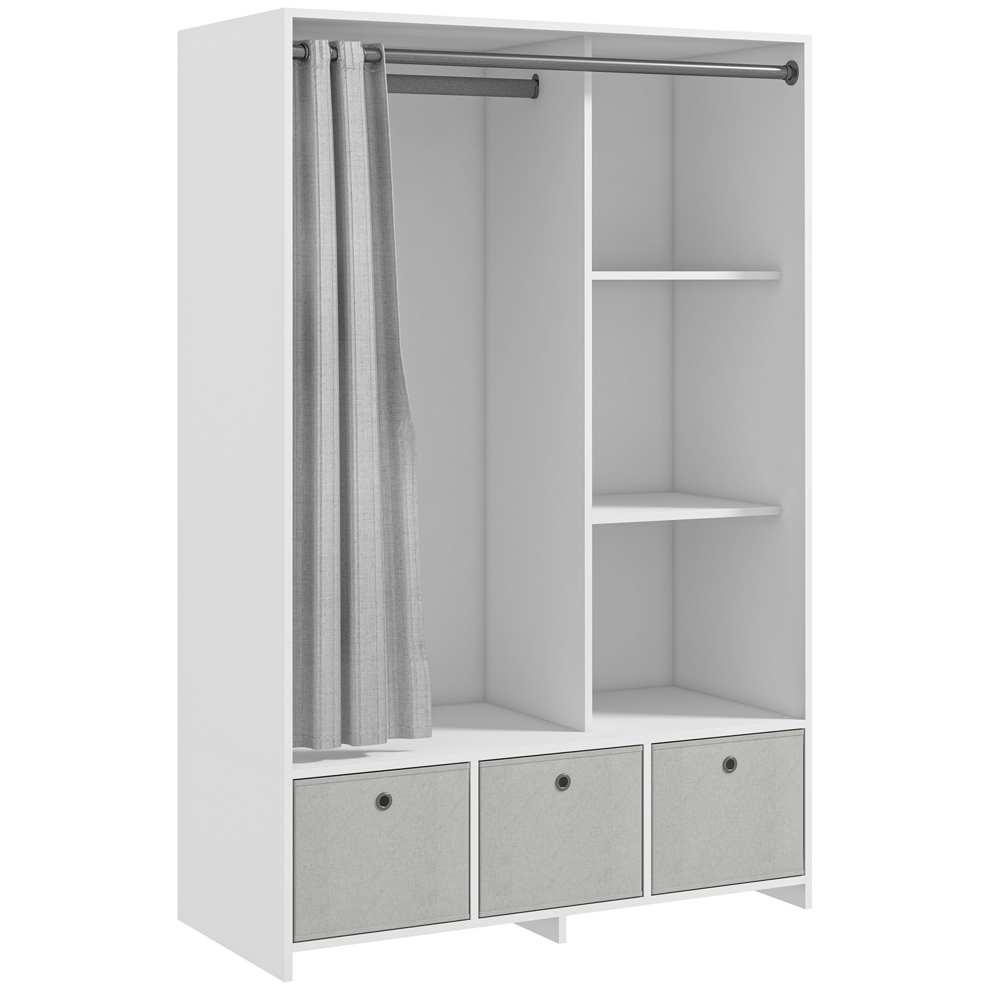 Wardrobe, dressing room with curtain, bedroom clothing wardrobe, wardrobe with hanger, 3 compartments, and 3 removable fabric drawers - 105 x 48 x 160 cm, white