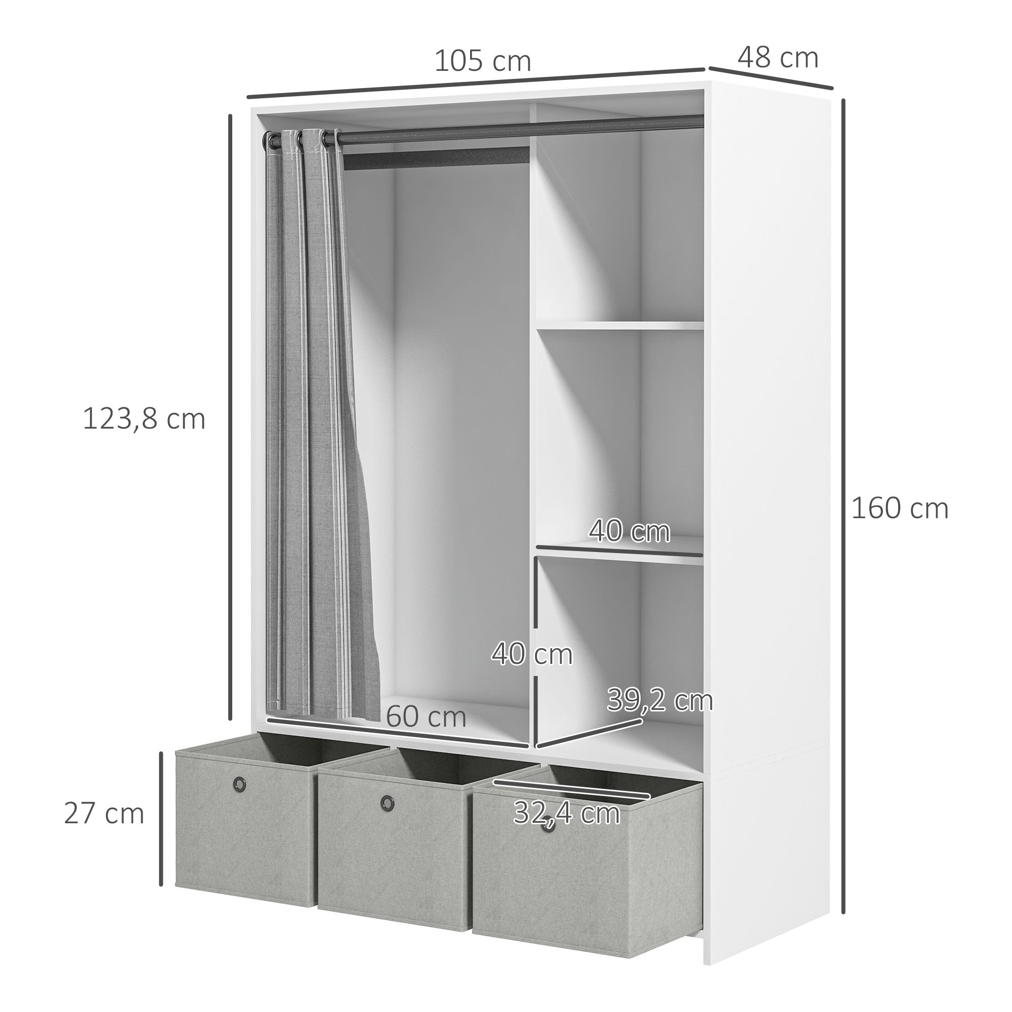 Wardrobe, dressing room with curtain, bedroom clothing wardrobe, wardrobe with hanger, 3 compartments, and 3 removable fabric drawers - 105 x 48 x 160 cm, white