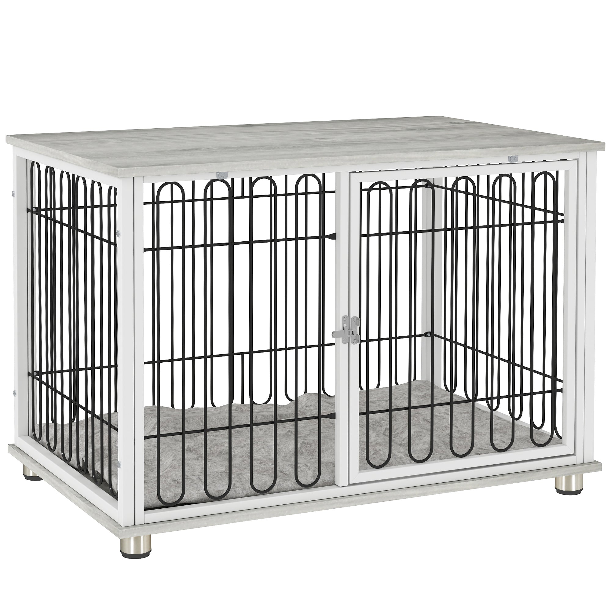 Dog Cage, Dog Crate with Cushion, Adjustable Feet, Side Table, Solid Steel Wire, for Medium Dogs up to 20 kg, 90 x 58 x 62.5 cm, Gray