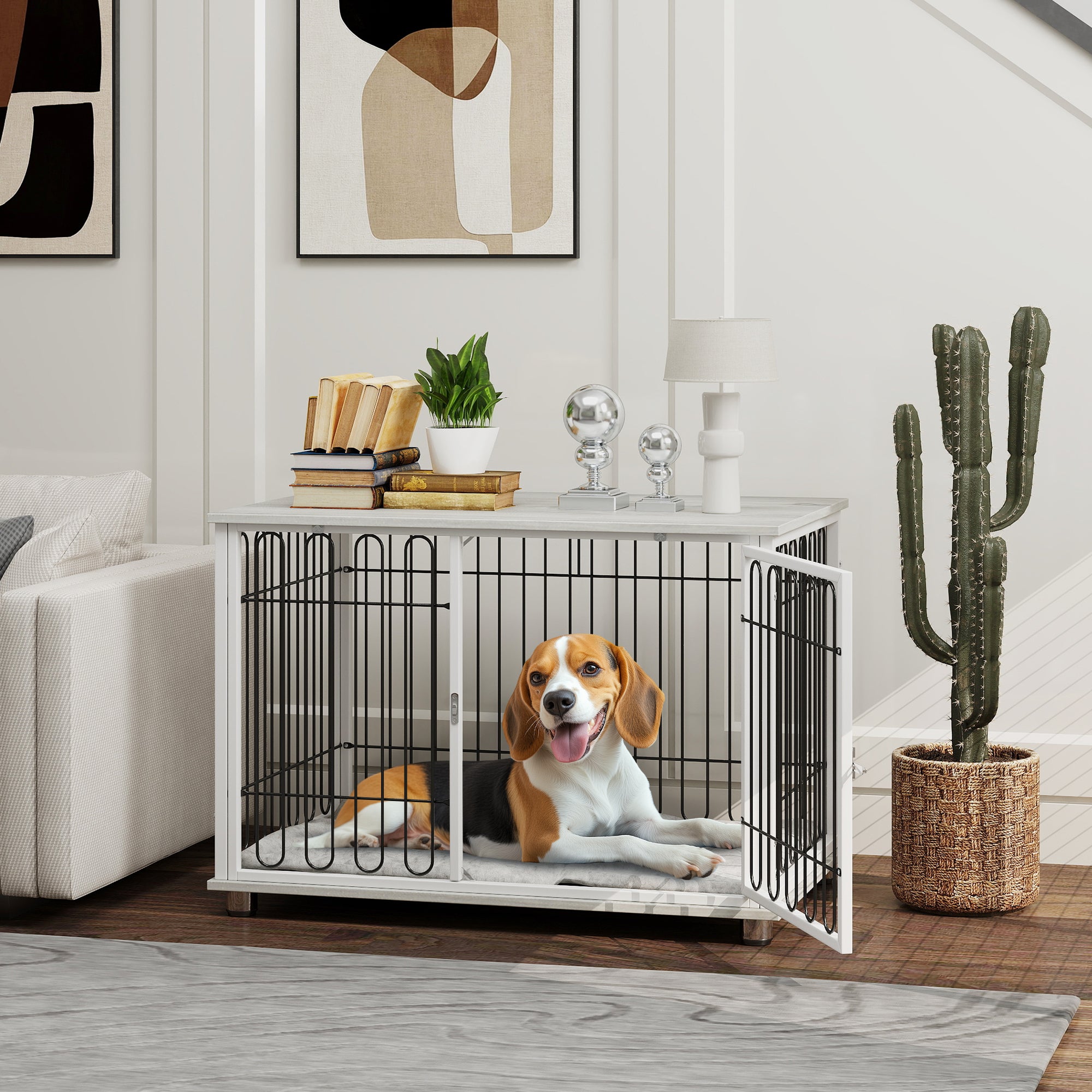 Dog Cage, Dog Crate with Cushion, Adjustable Feet, Side Table, Solid Steel Wire, for Medium Dogs up to 20 kg, 90 x 58 x 62.5 cm, Gray