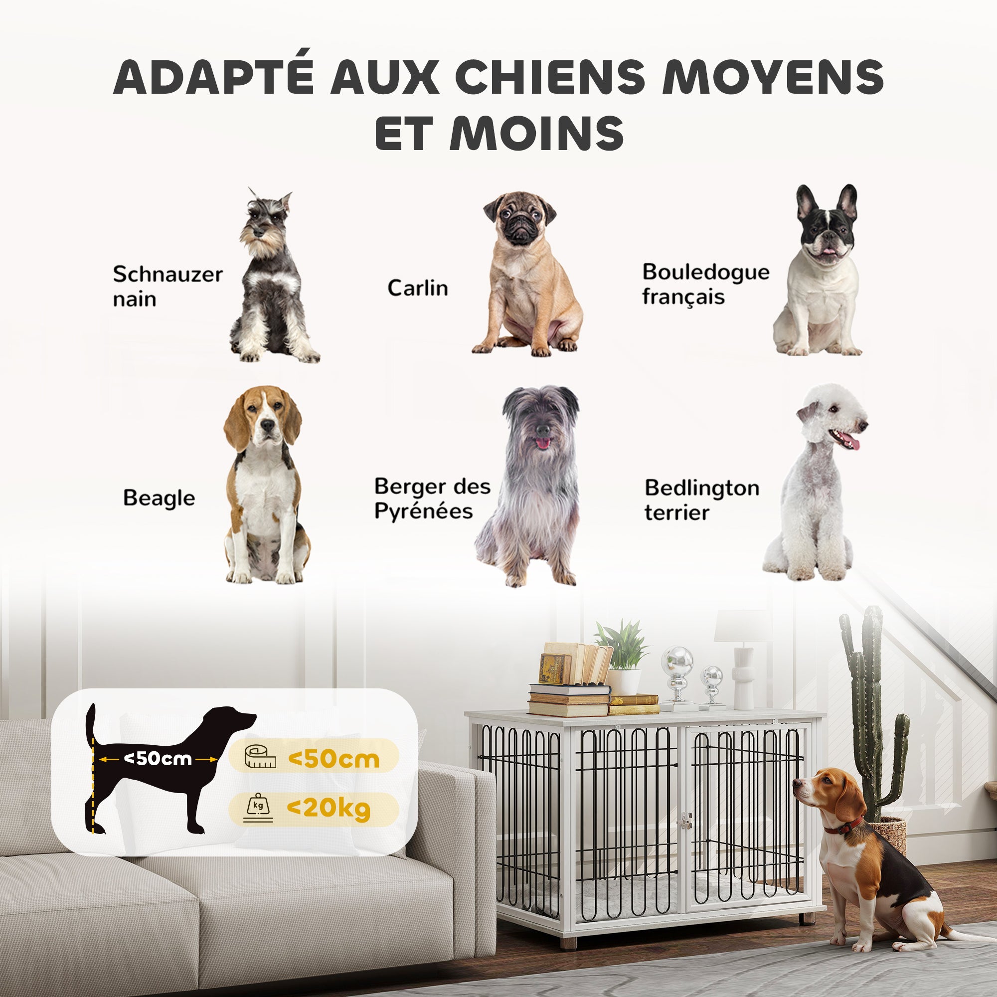 Dog Cage, Dog Crate with Cushion, Adjustable Feet, Side Table, Solid Steel Wire, for Medium Dogs up to 20 kg, 90 x 58 x 62.5 cm, Gray