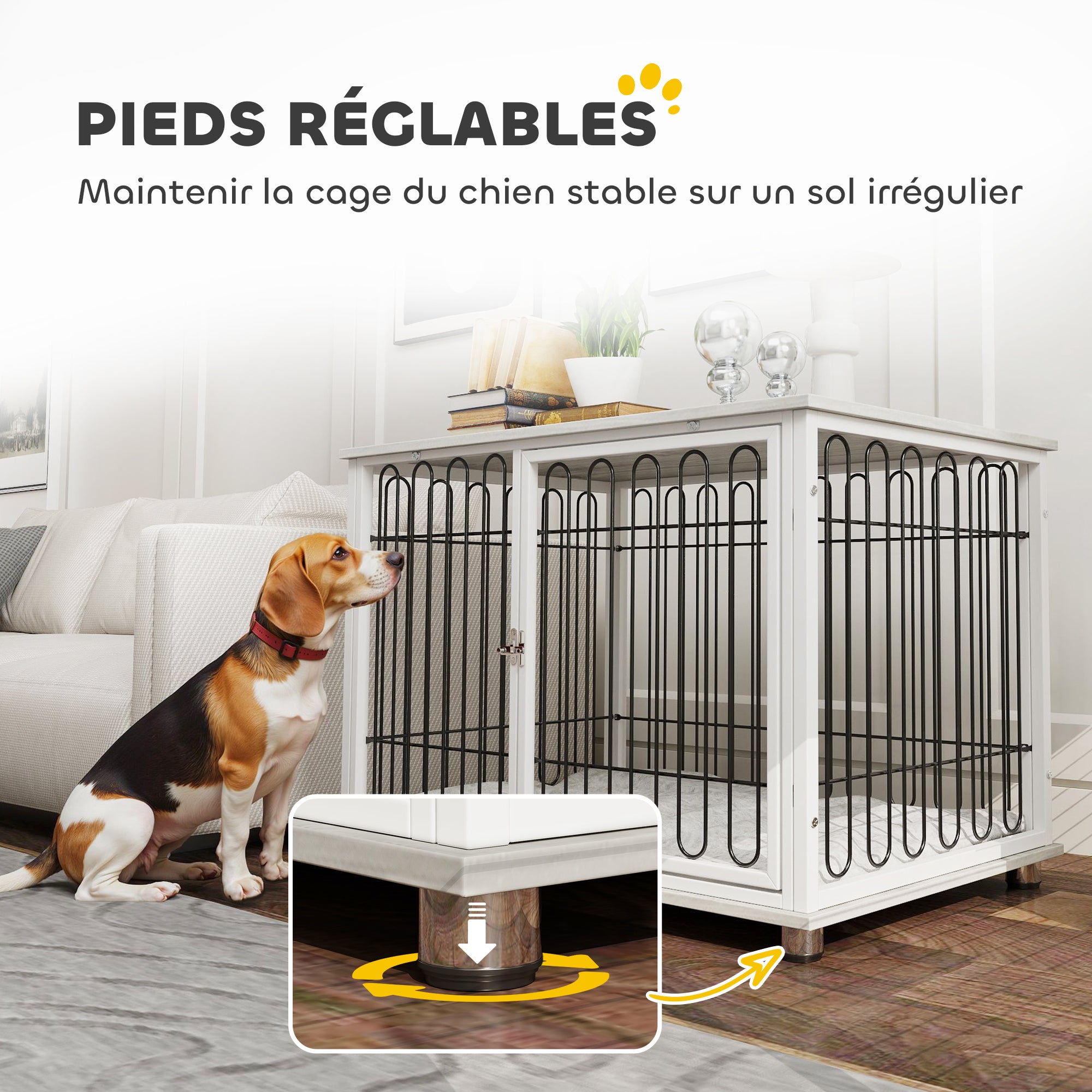Dog Cage, Dog Crate with Cushion, Adjustable Feet, Side Table, Solid Steel Wire, for Medium Dogs up to 20 kg, 90 x 58 x 62.5 cm, Gray