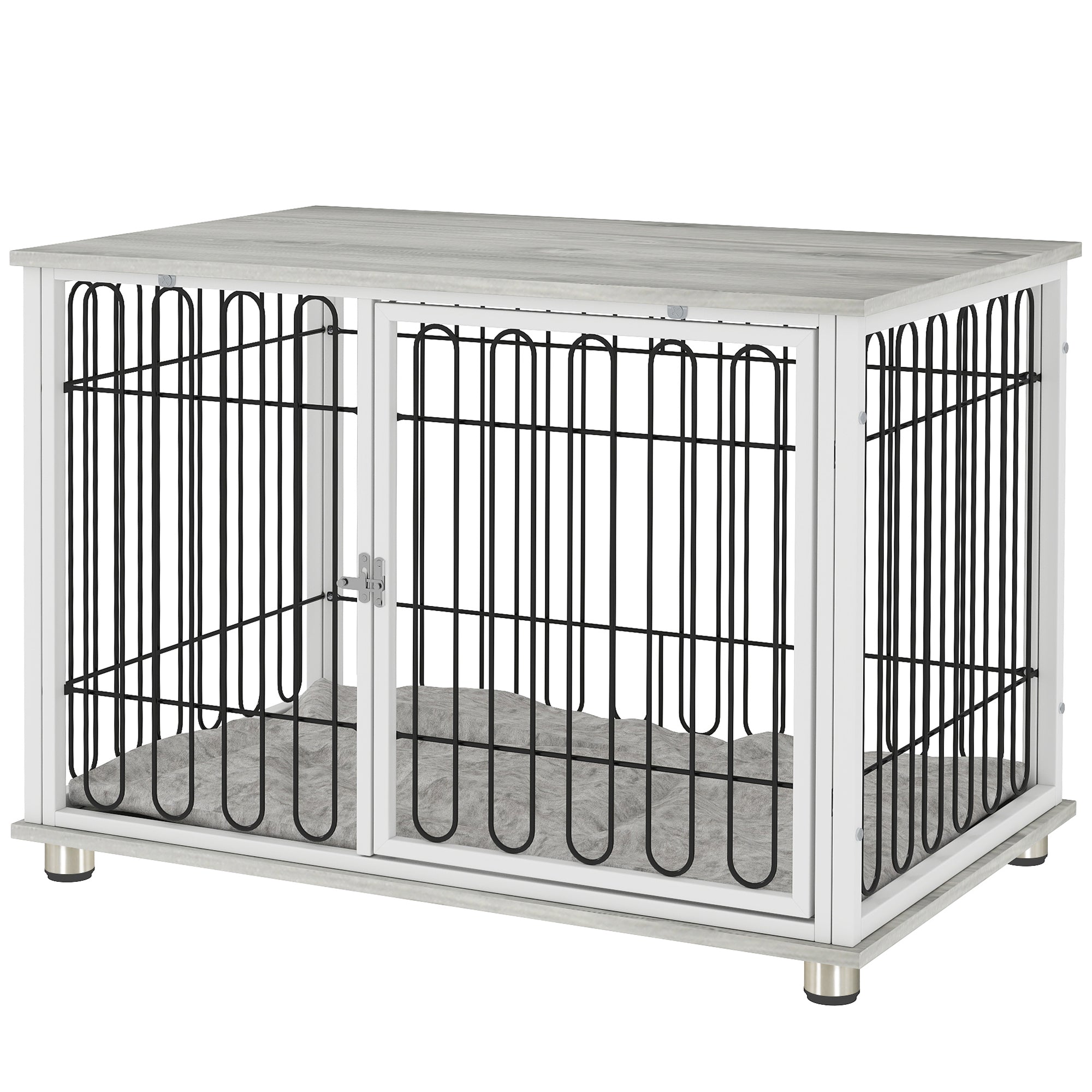 Dog Cage, Dog Crate with Cushion, Adjustable Feet, Side Table, Solid Steel Wire, for Medium Dogs up to 20 kg, 90 x 58 x 62.5 cm, Gray