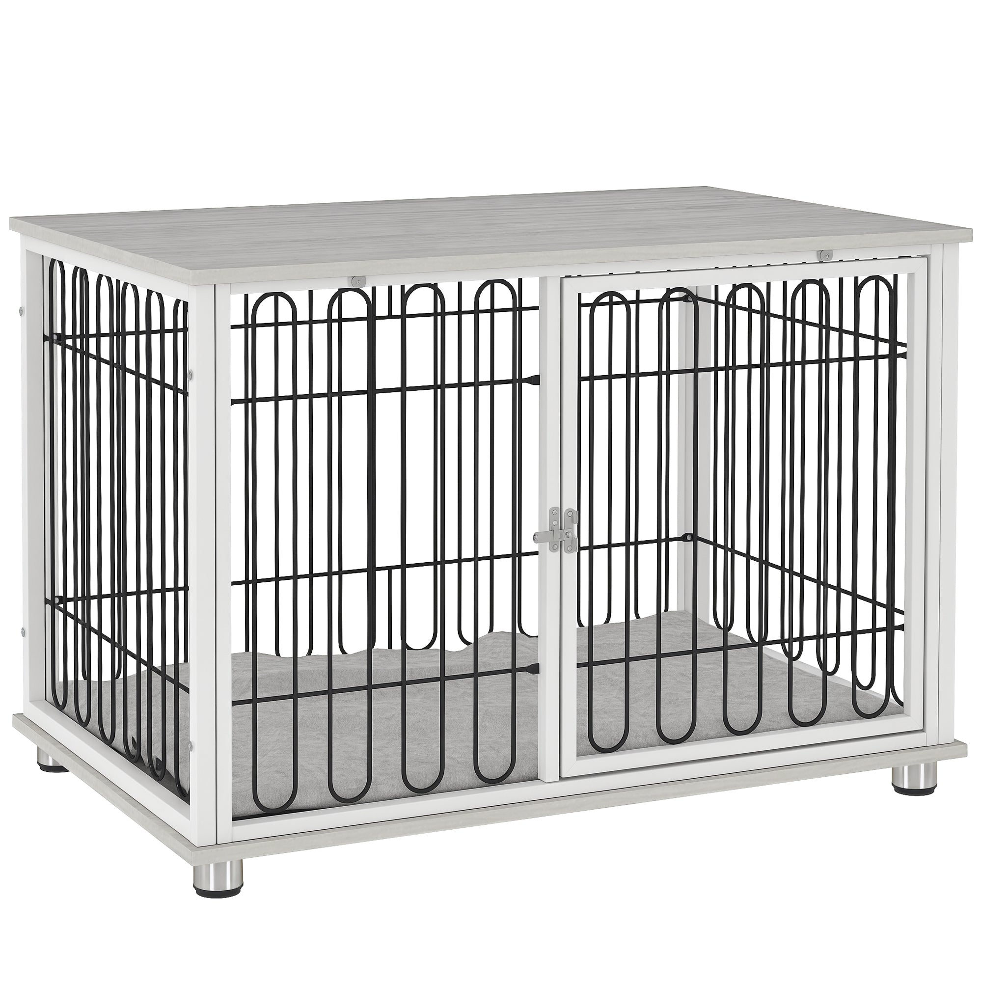 Dog Cage, Dog Crate with Cushion, Adjustable Feet, Side Table, Solid Steel Wire, for Medium Dogs up to 20 kg, 90 x 58 x 62.5 cm, Gray
