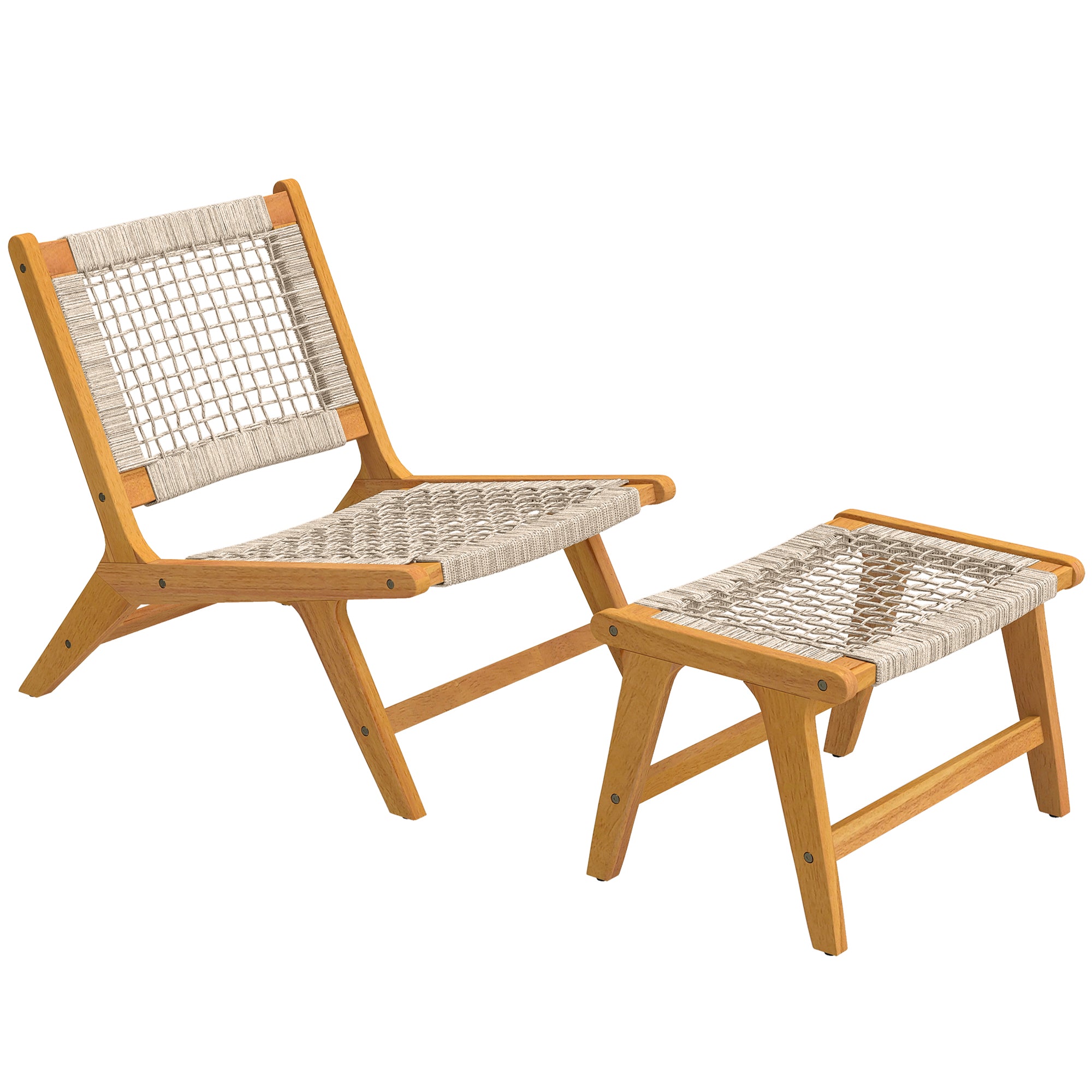 2-Piece Acacia Wood Outdoor Lounge Chair with Ottoman – FSC-Certified, Polyrattan Rattan Seat, Boho Style, Adjustable Feet, Beige (350 lb)