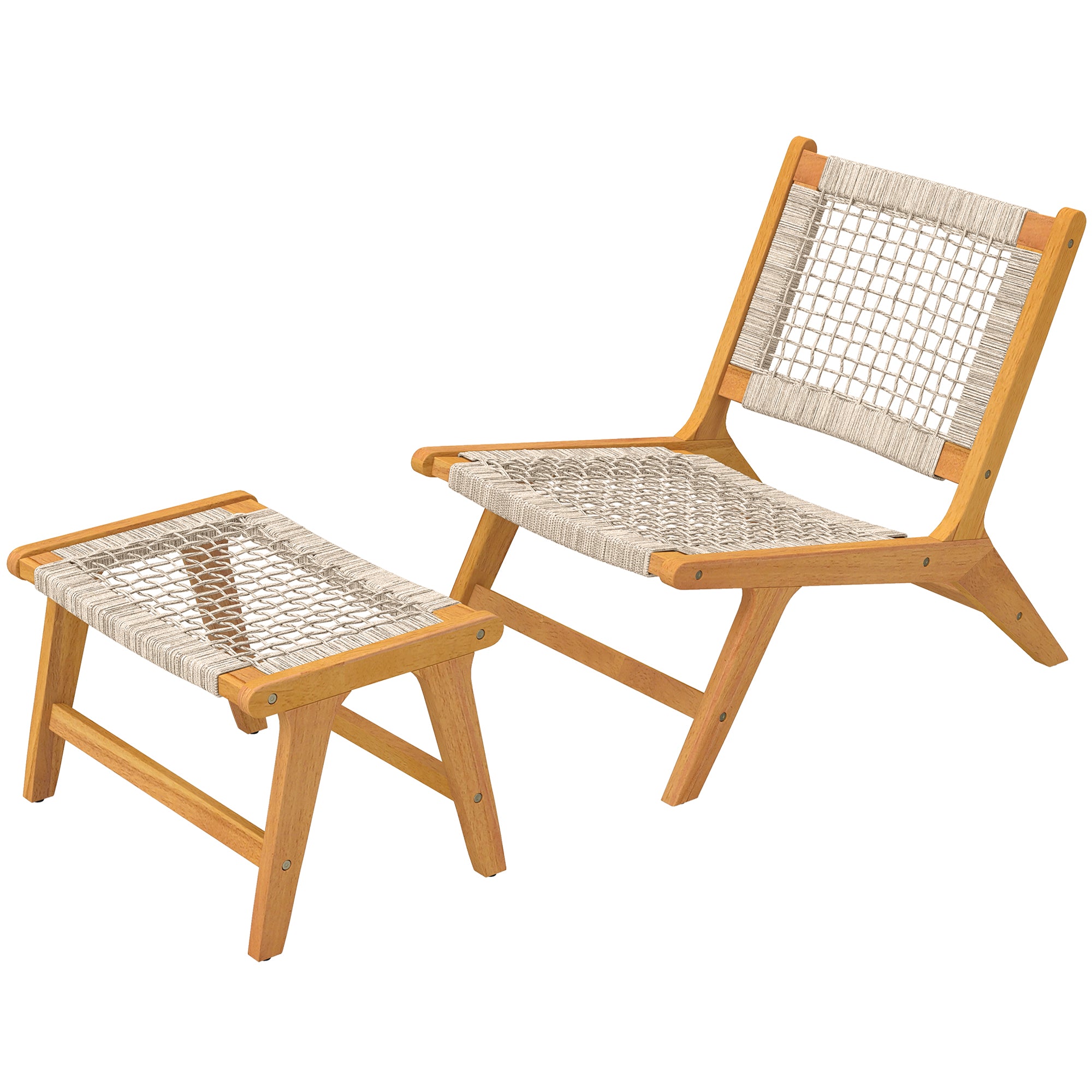 2-Piece Acacia Wood Outdoor Lounge Chair with Ottoman – FSC-Certified, Polyrattan Rattan Seat, Boho Style, Adjustable Feet, Beige (350 lb)
