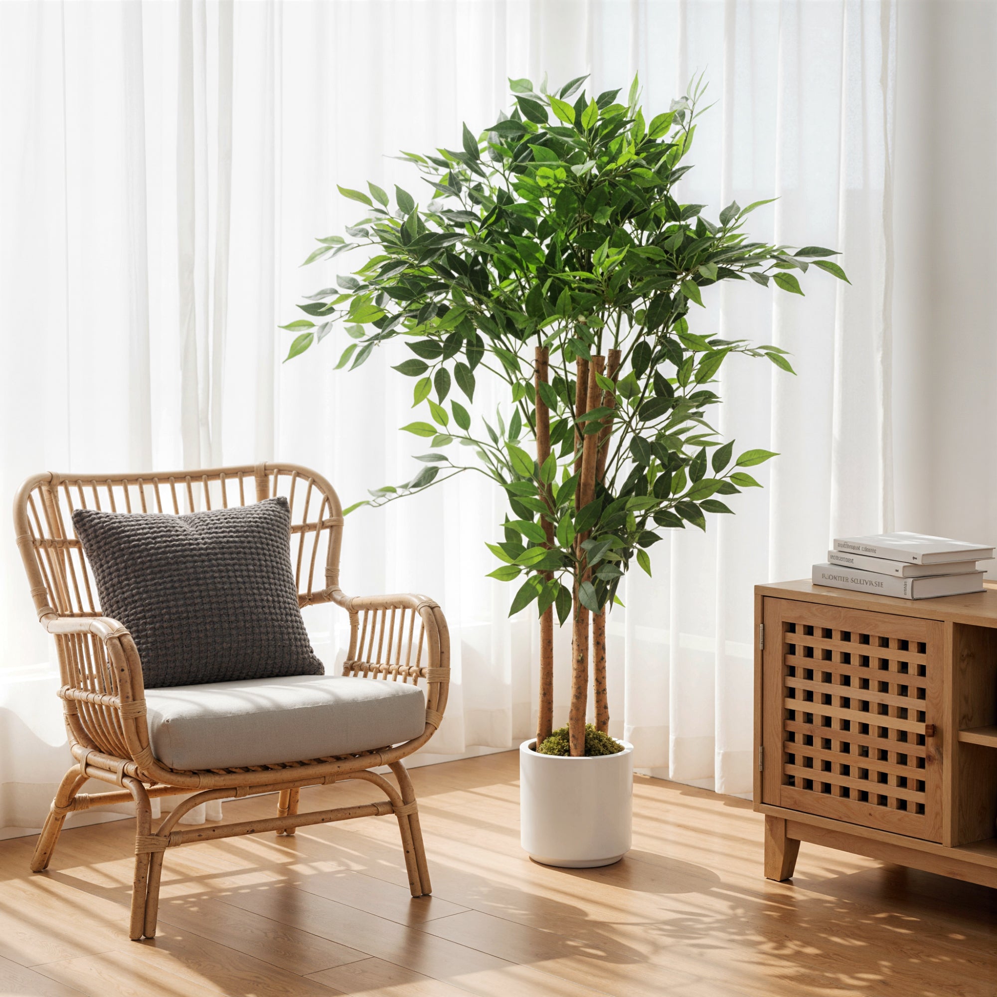 Artificial Banyan Tree with Adjustable Branches — White PP & Cement Planter, Realistic PEVA Leaves & Wood Trunk, 47.2 in