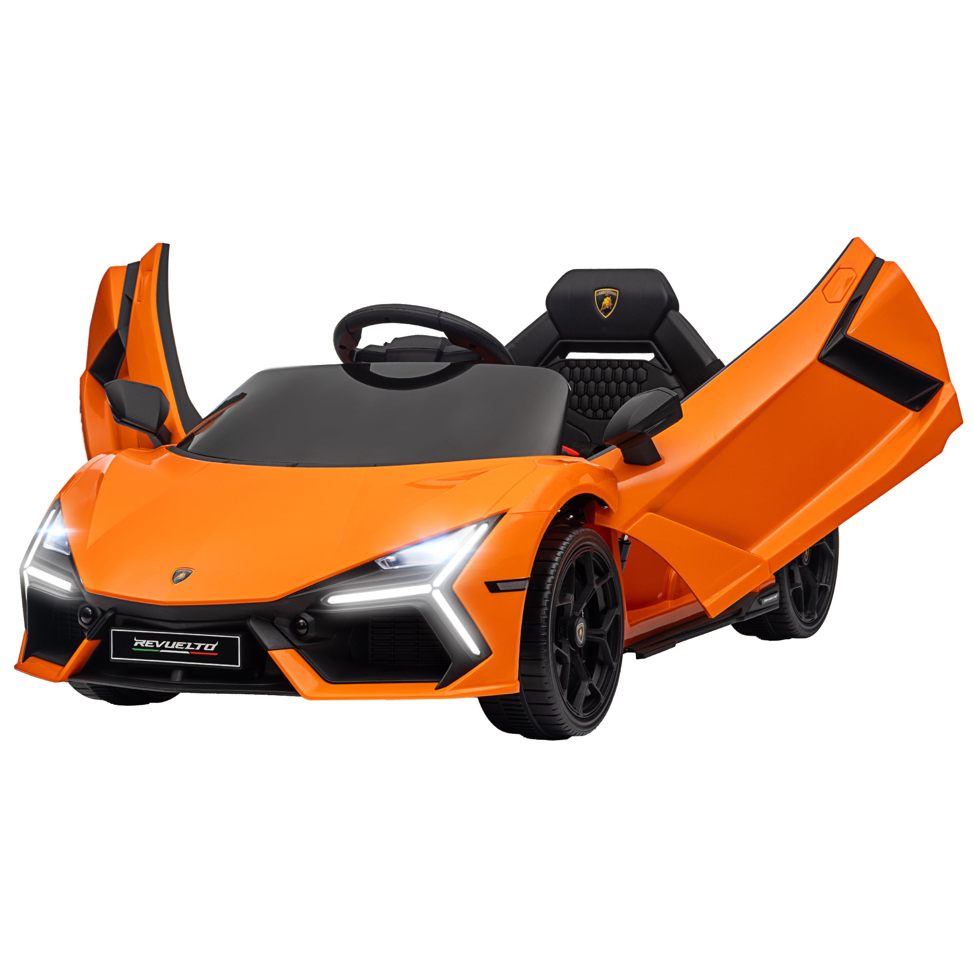 Kids Electric Car 12V Children's Vehicle with 2.4G Remote Control, Electric Car with LED Light, USB/MP3 Connection, Gullwing Door, Spring-loaded Wheels, 3-5 km/h, for Kids 3-5 Years, Orange