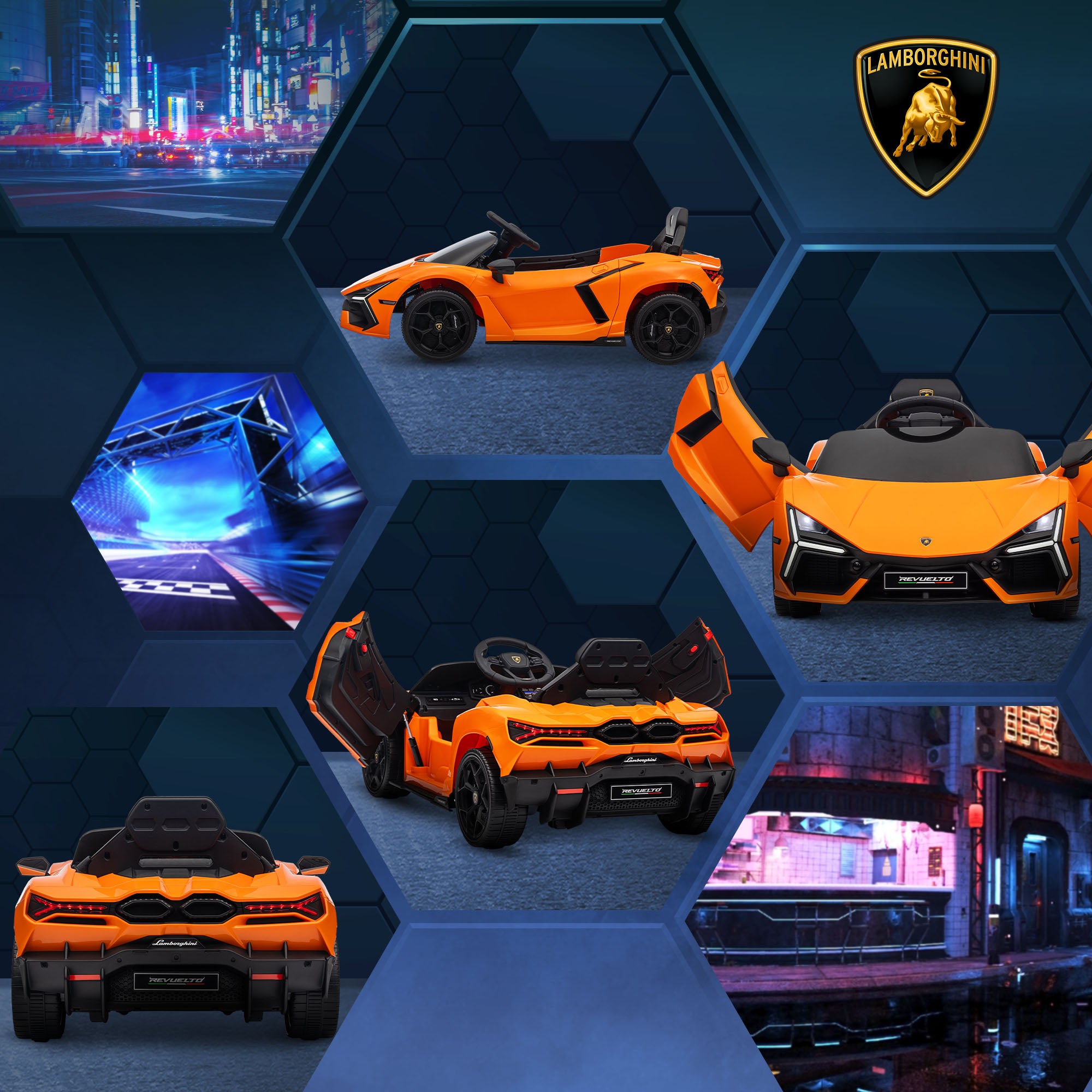 Kids Electric Car 12V Children's Vehicle with 2.4G Remote Control, Electric Car with LED Light, USB/MP3 Connection, Gullwing Door, Spring-loaded Wheels, 3-5 km/h, for Kids 3-5 Years, Orange