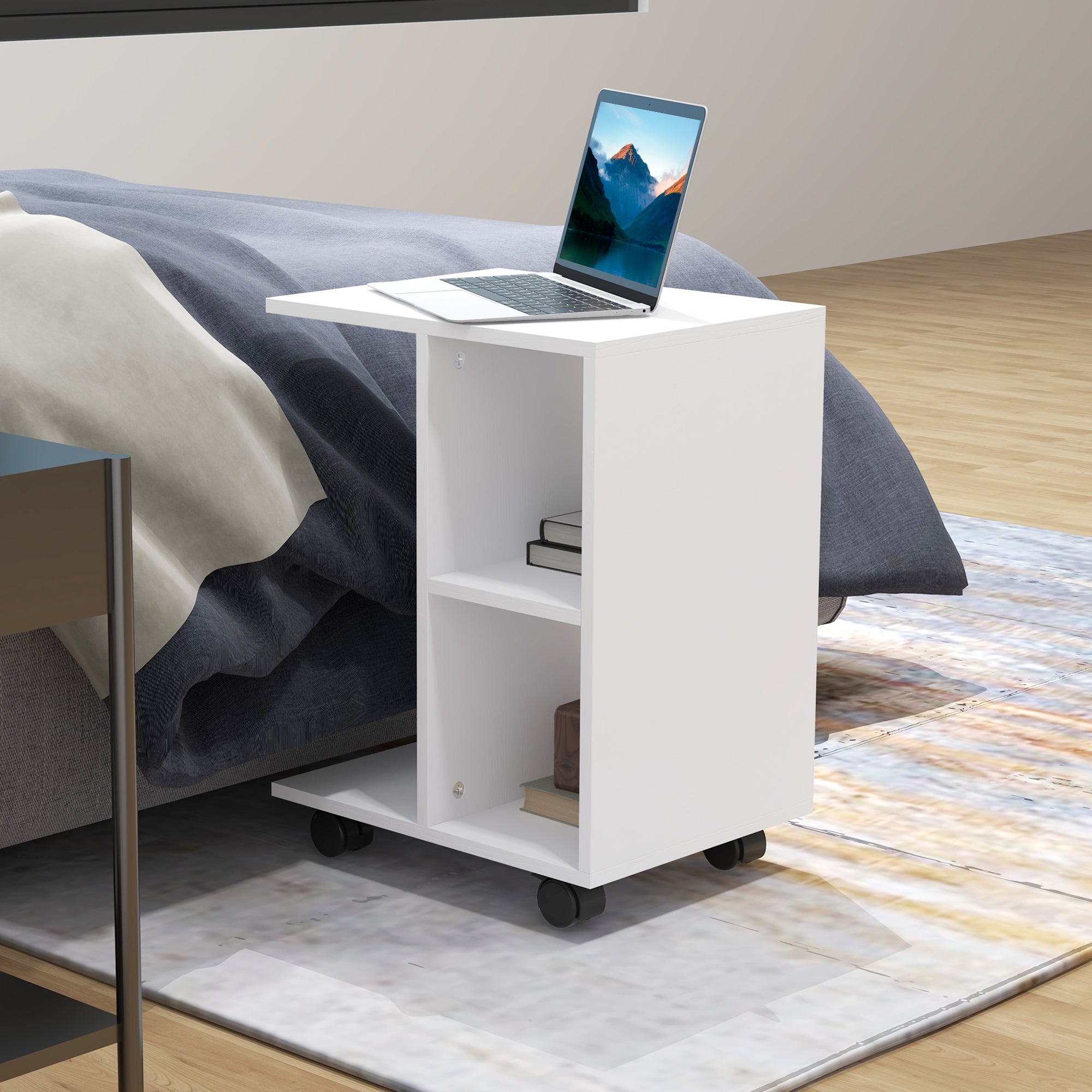 Modern Small Side Table C-Shaped Side Table with Wheels Open Shelves for Living Room Bedroom 45x35x58 cm White