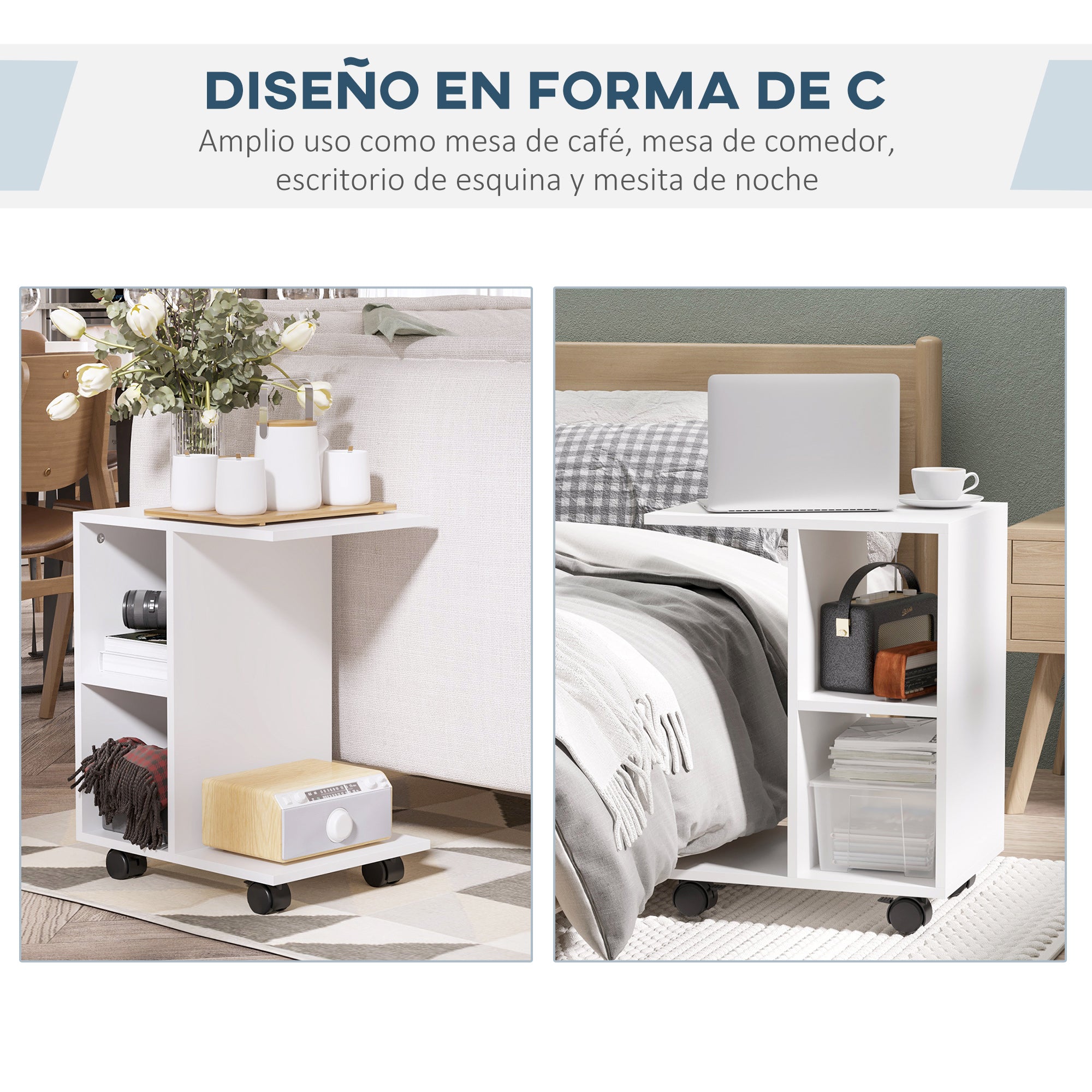 Modern Small Side Table C-Shaped Side Table with Wheels Open Shelves for Living Room Bedroom 45x35x58 cm White