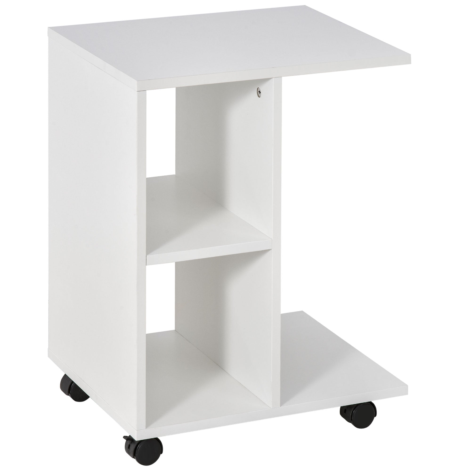 Modern Small Side Table C-Shaped Side Table with Wheels Open Shelves for Living Room Bedroom 45x35x58 cm White