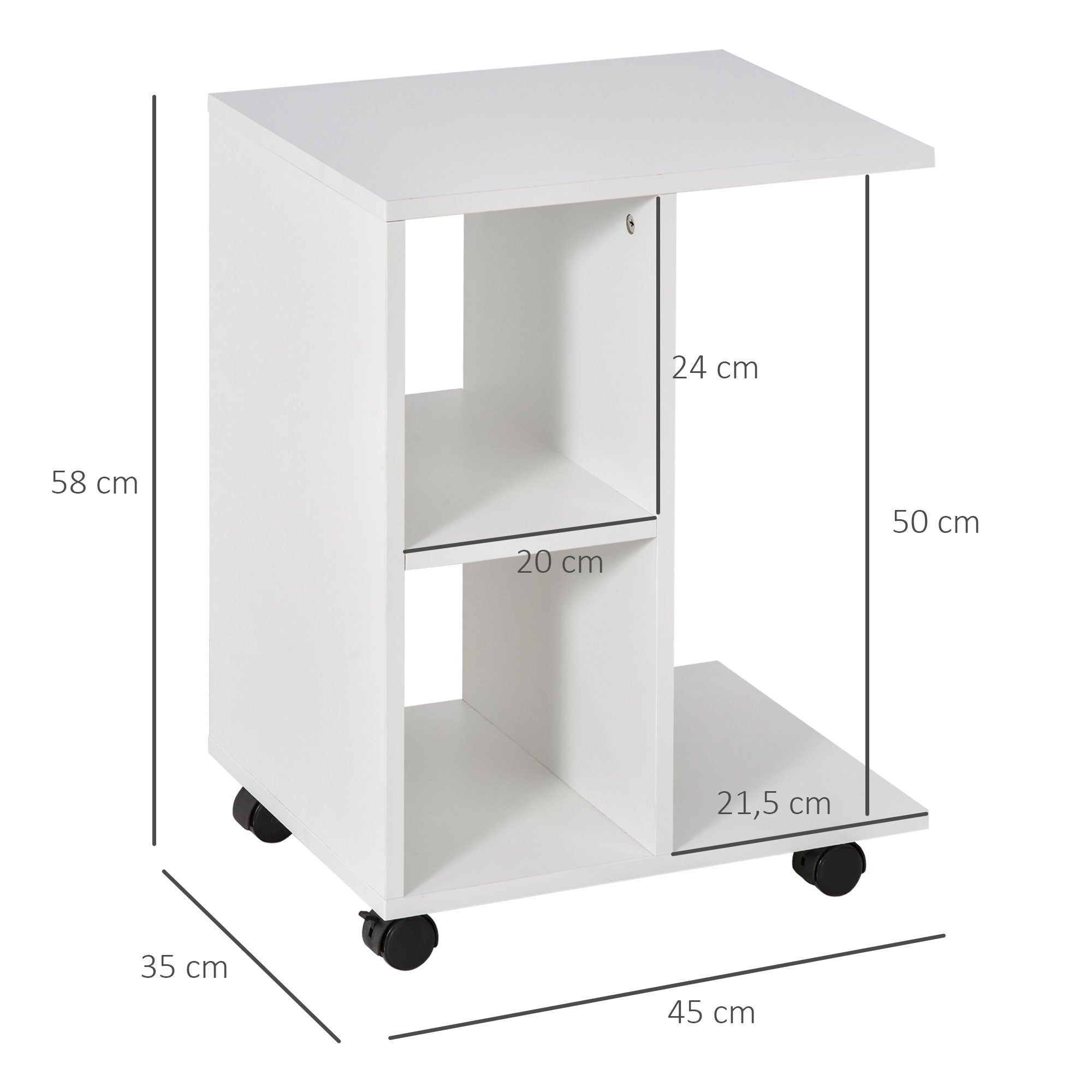 Modern Small Side Table C-Shaped Side Table with Wheels Open Shelves for Living Room Bedroom 45x35x58 cm White