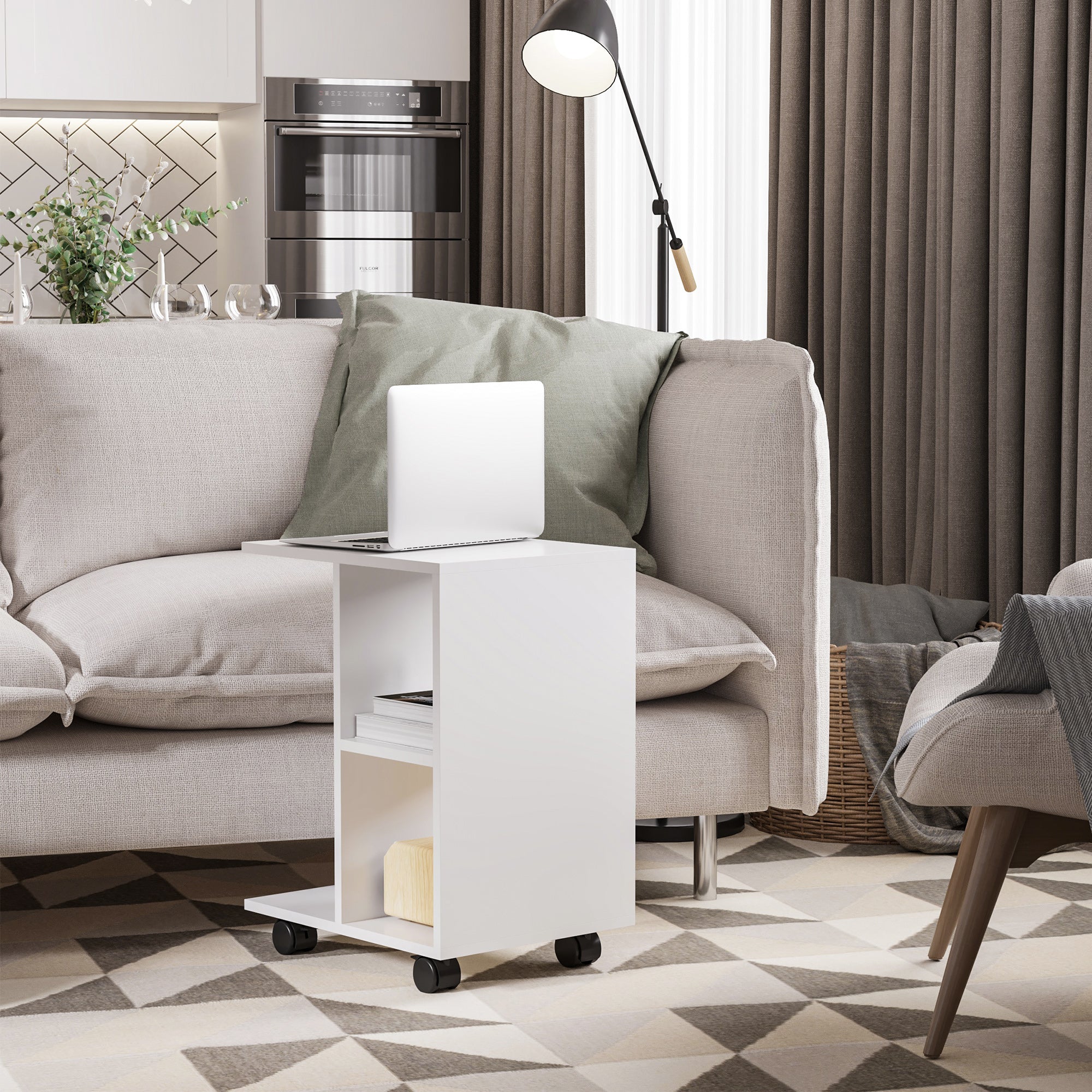 Modern Small Side Table C-Shaped Side Table with Wheels Open Shelves for Living Room Bedroom 45x35x58 cm White