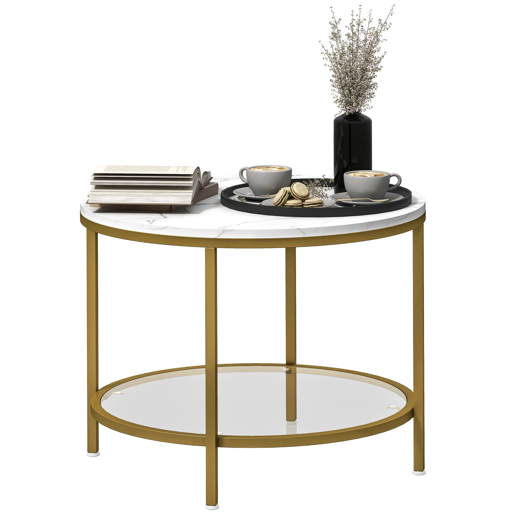Round Living Room Coffee Table, Modern 2-Tier Side Table with Marble Effect Top and Tempered Glass Shelf, End Table for Living Room, Bedroom, Ø 60 x 45 cm, White and Gold